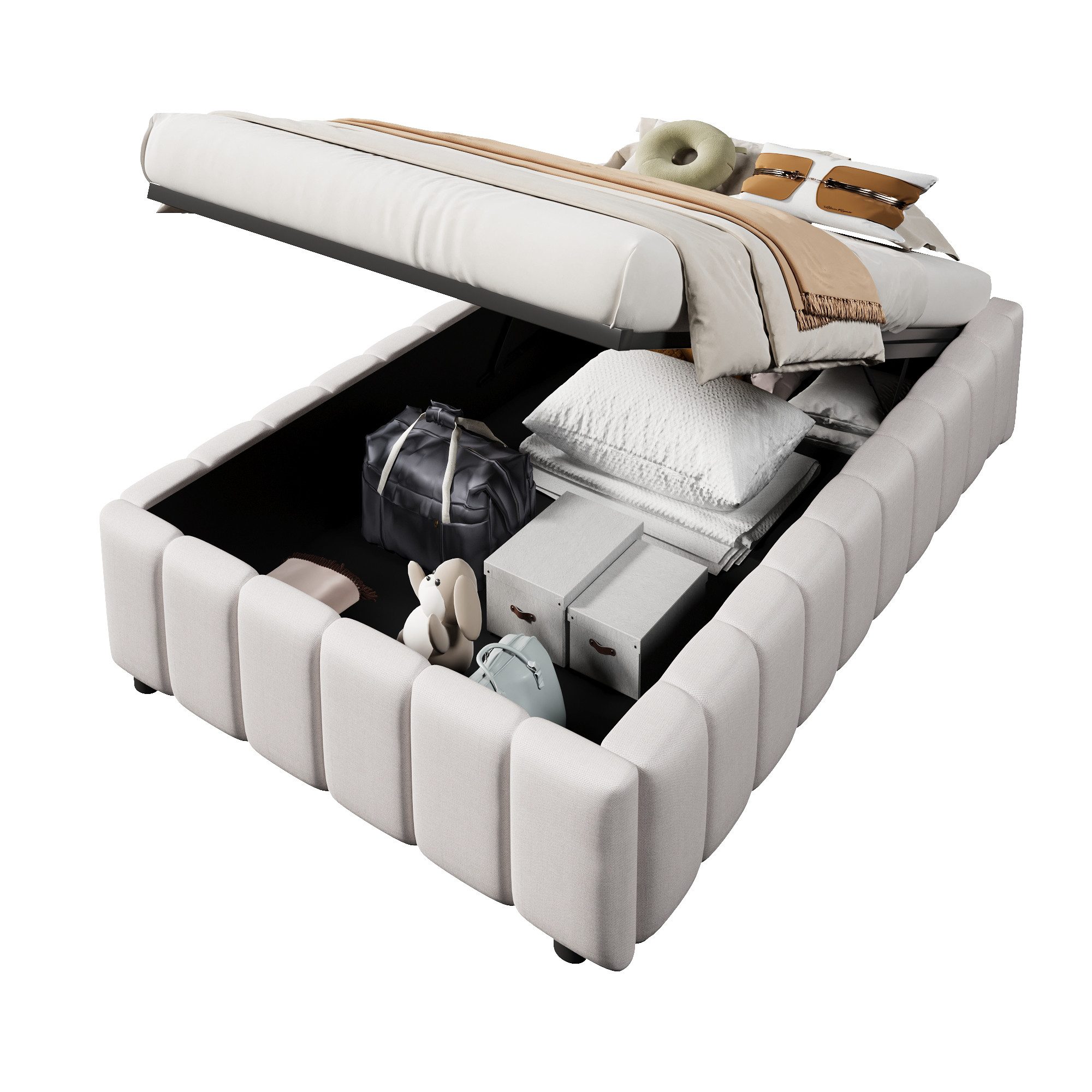 SOFTWEARY Futonbett (mit Lattenrost und Aufbewahrung, 90x200 cm), Einzelbett ohne Kopfteil, Leinen