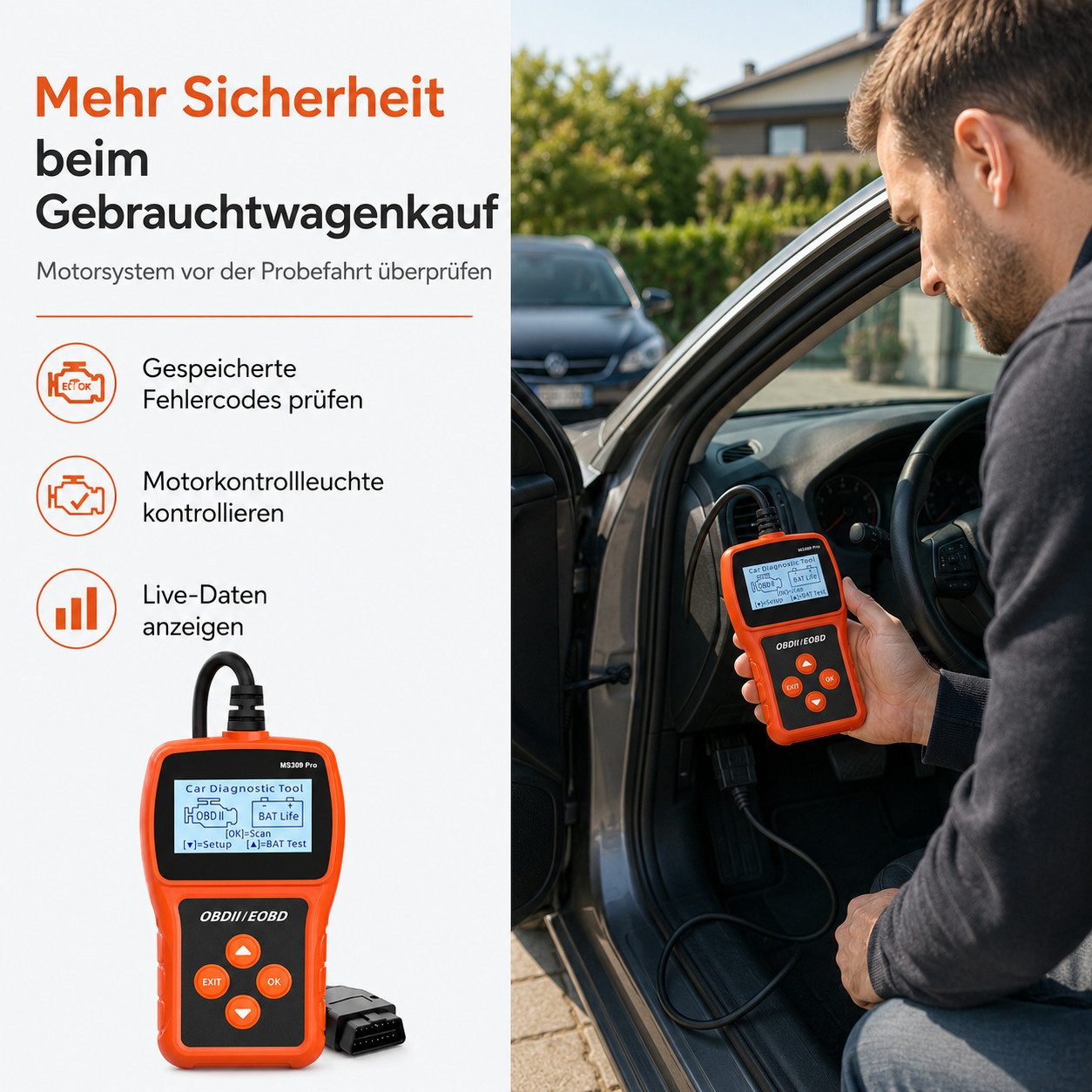 Tekoo OBD2-Diagnosegerät OBD2 Auslesegerät Auto Diagnosegerät mit Batterietest Benzin Diesel, Einzelgerät, Echtzeit-Datenstrom,Plug-and-Play (keine App erforderlich)