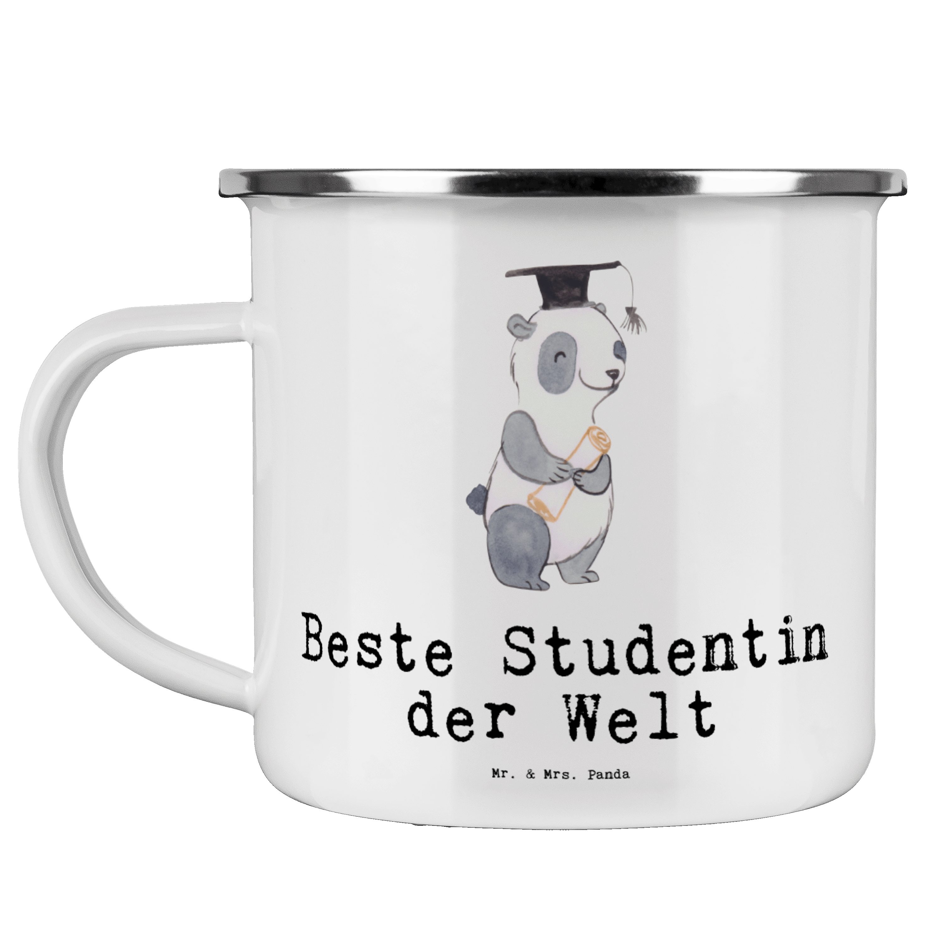 Mr. & Mrs. Panda Becher Panda Beste Studentin der Welt - Weiß - Geschenk, Geburtstag, Metallt, Emaille