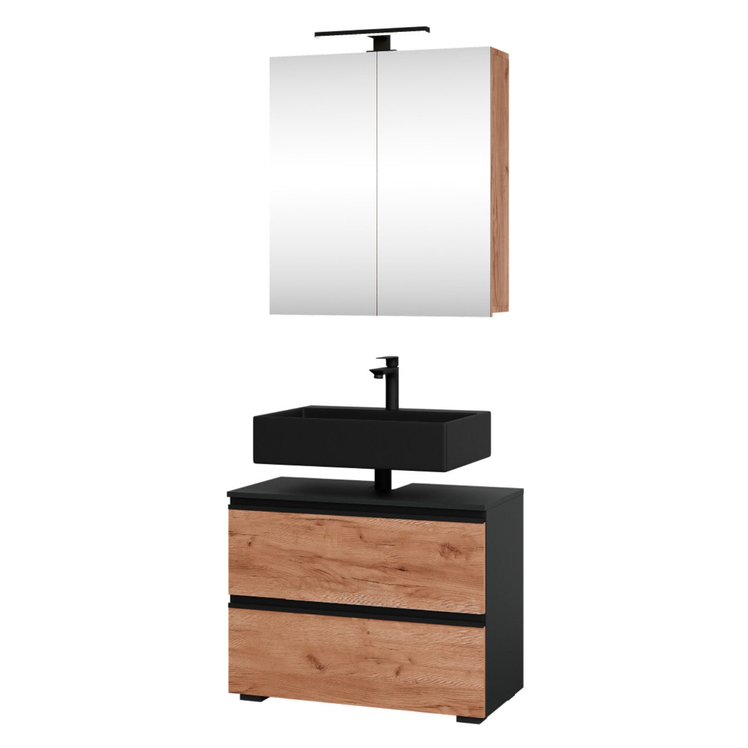 Planetmöbel Waschbeckenunterschrank EDA (inkl. LED-Leuchte, Waschtischunterschrank für Gäste WC und Bad) Waschbeckenunterschrank 60 cm mit Spiegelschrank