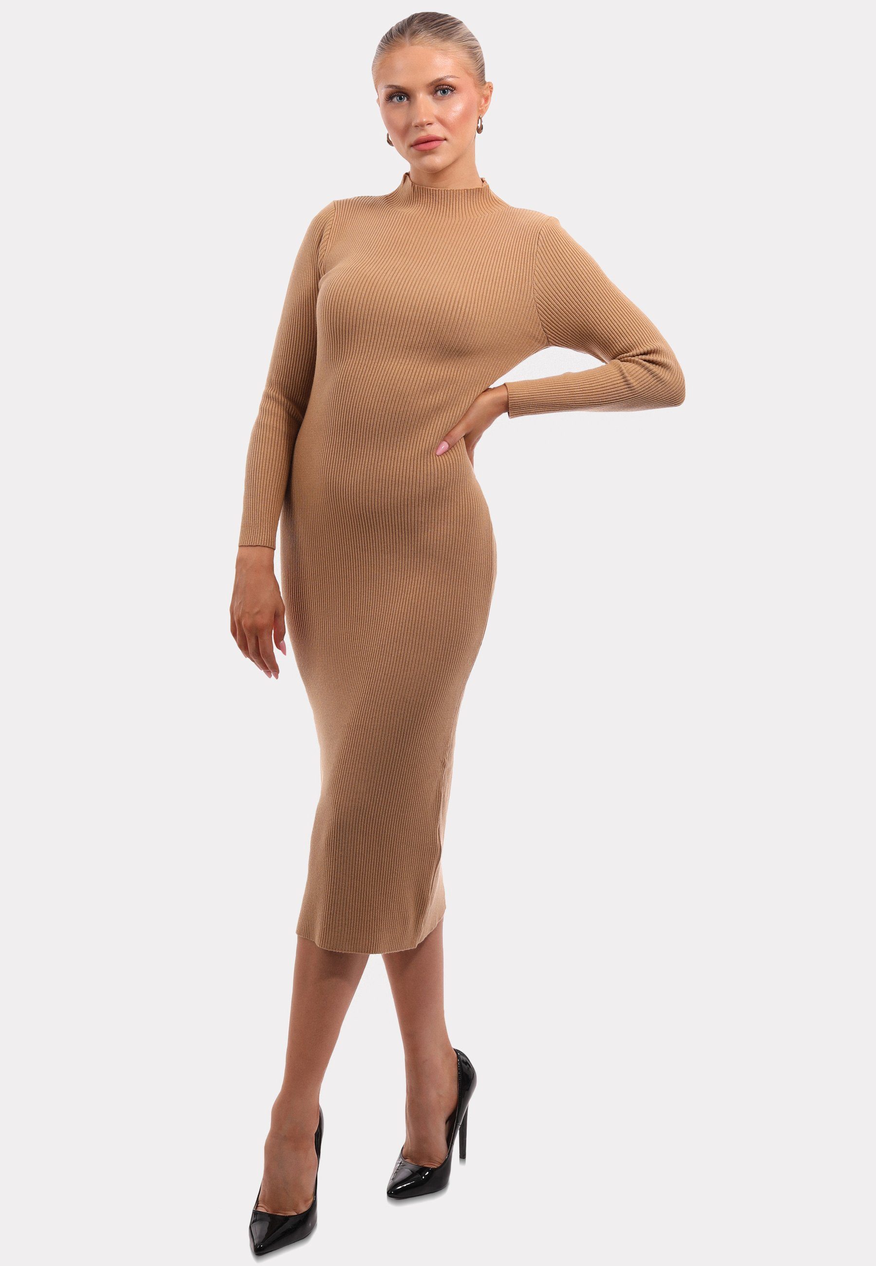 YC Fashion KNIT Unifarbe Style (1-tlg) Strickkleid Stehkragen & Strickkleid mit DRESS camel in