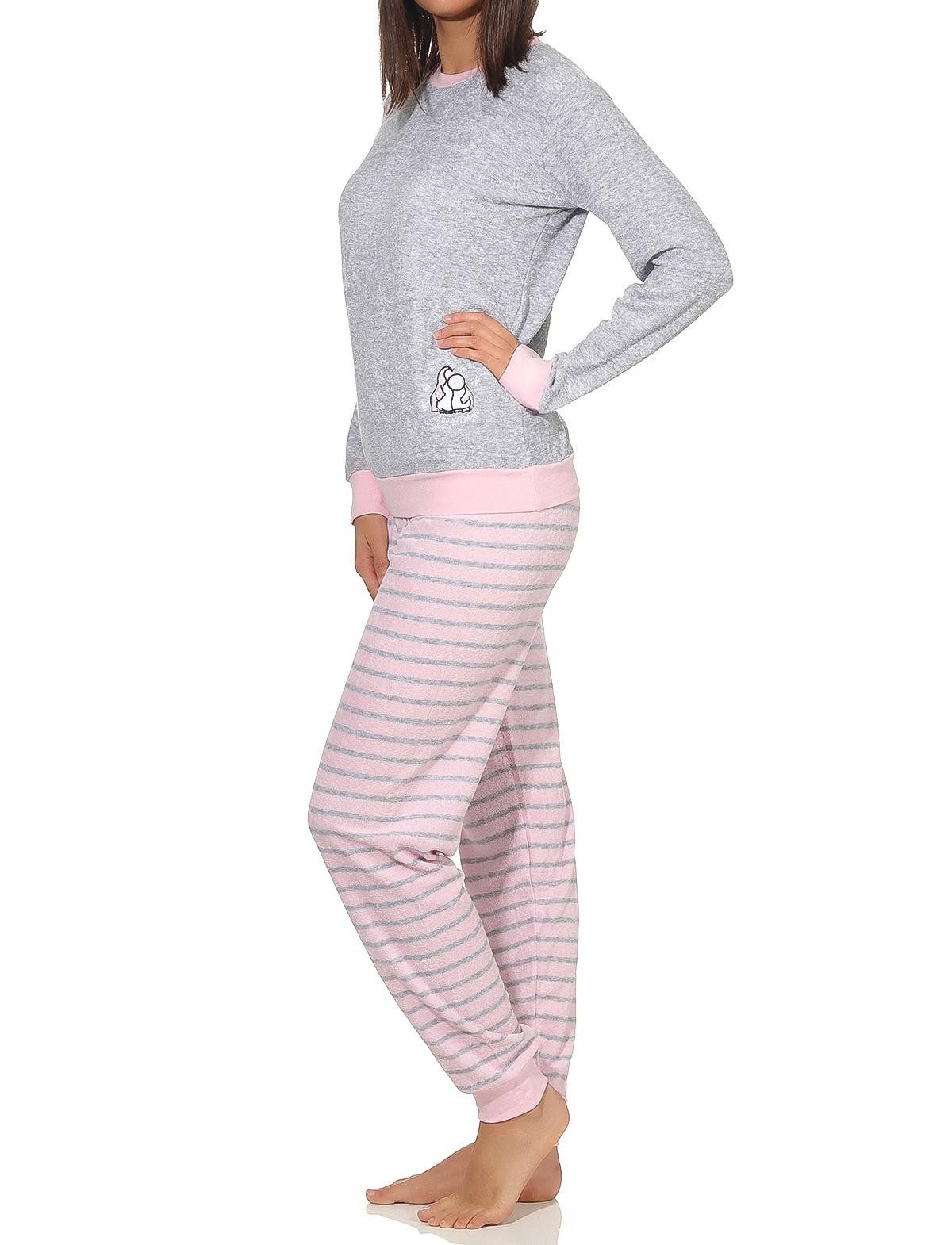 Normann Pyjama Damen Frottee Pyjama langarm mit Bündchen und Pinguin Stickerei – Bild 2 von 3
