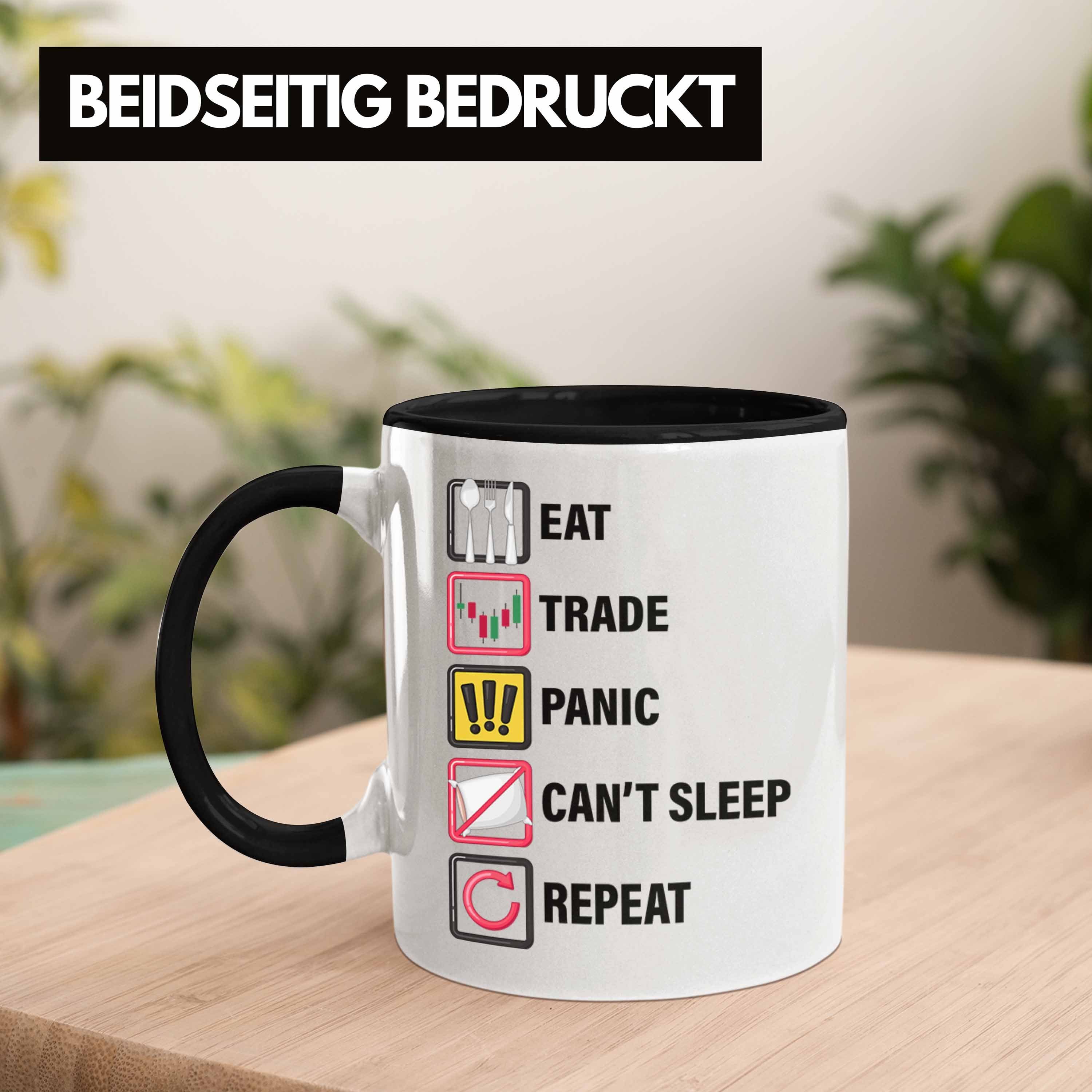 Trendation Tasse "Eat Geschenkidee Bö Tasse und Panic Schwarz Repeat" Sleep für Trader, Aktien