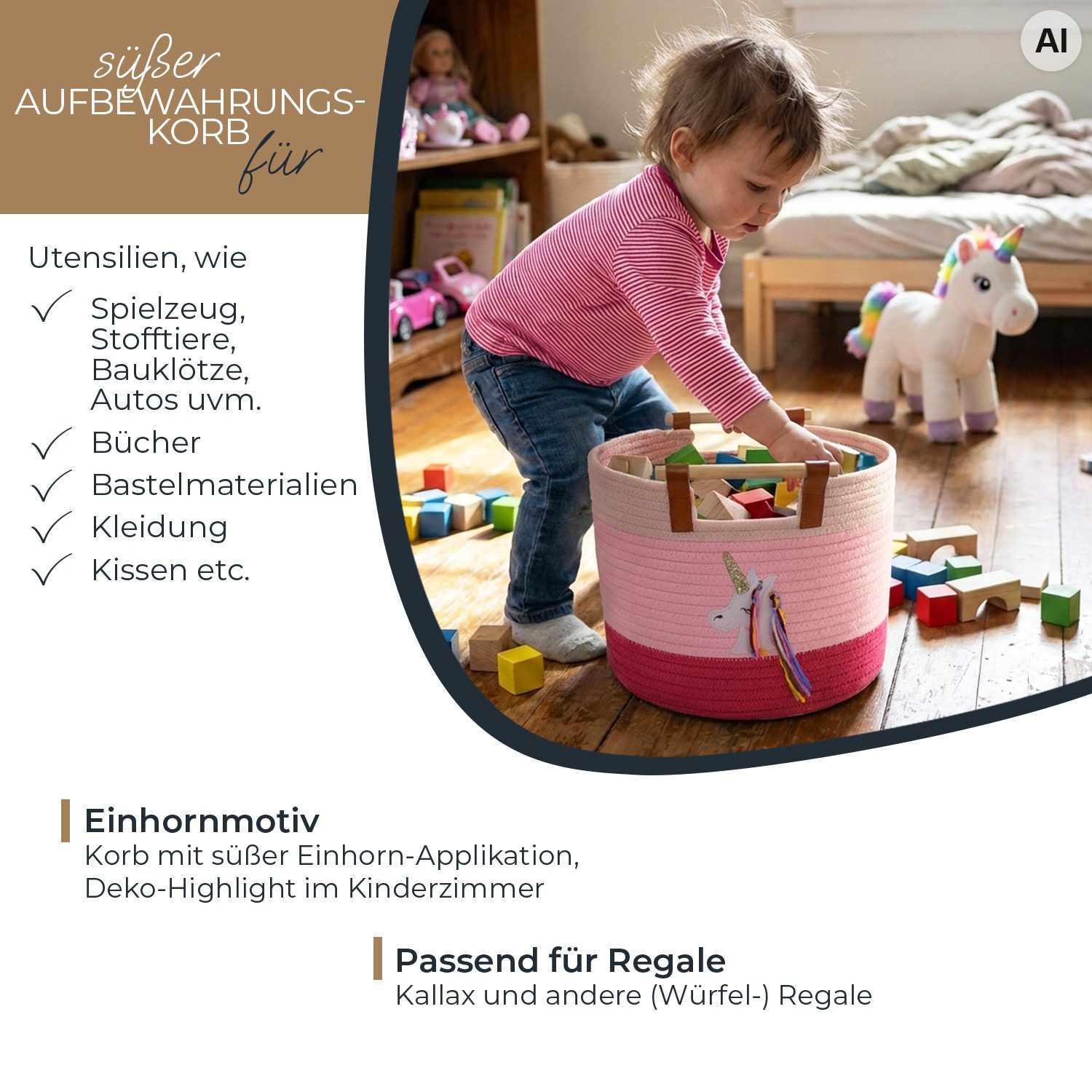HMF Aufbewahrungskorb Aufbewahrungskorb mit Holzgriffen, runder Korb, Baumwolle für Kinderzimmer oder Babyzimmer, Einhorn, 30 x 30 x 24 cm – Bild 3 von 5