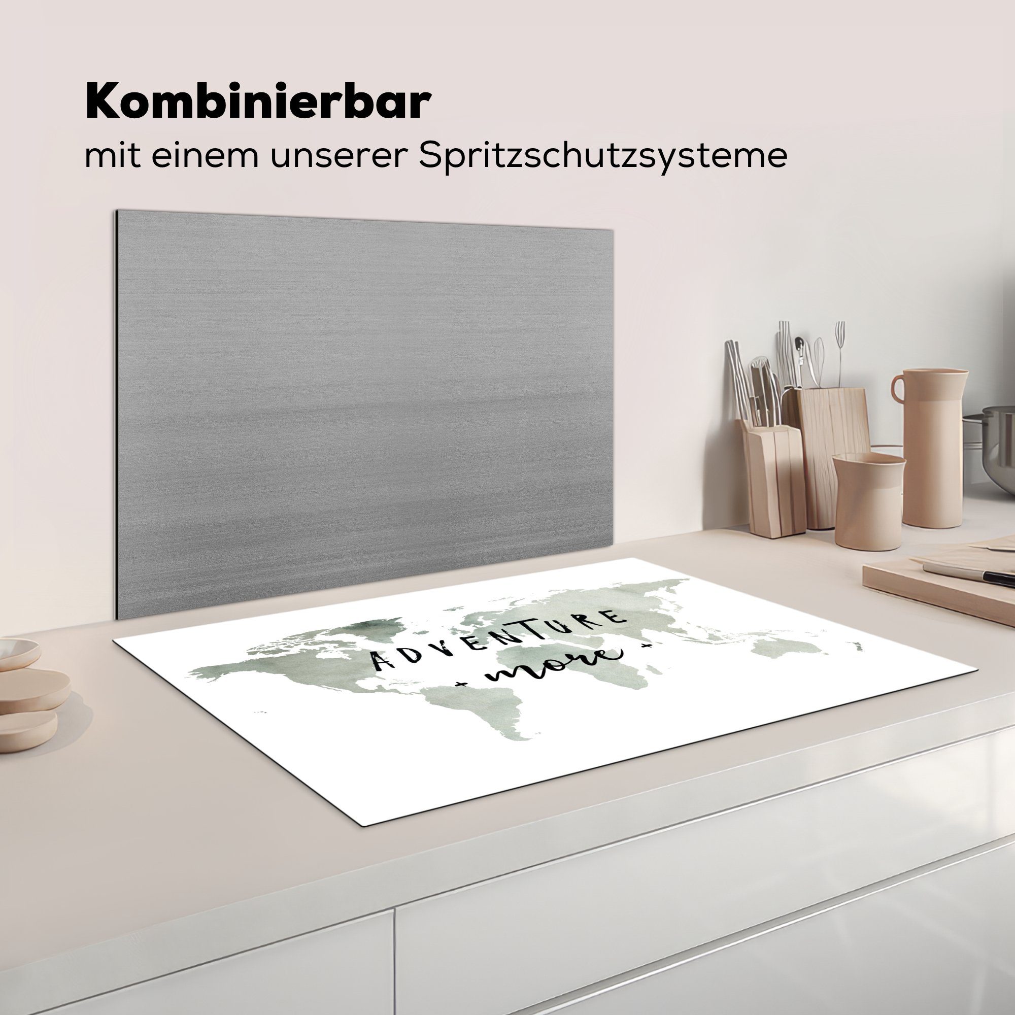 mehr Schutz cm, Abenteuer küche, die Vinyl, - (1 Ceranfeldabdeckung tlg), - Induktionskochfeld Weltkarte 81x52 MuchoWow Aquarell, Herdblende-/Abdeckplatte für