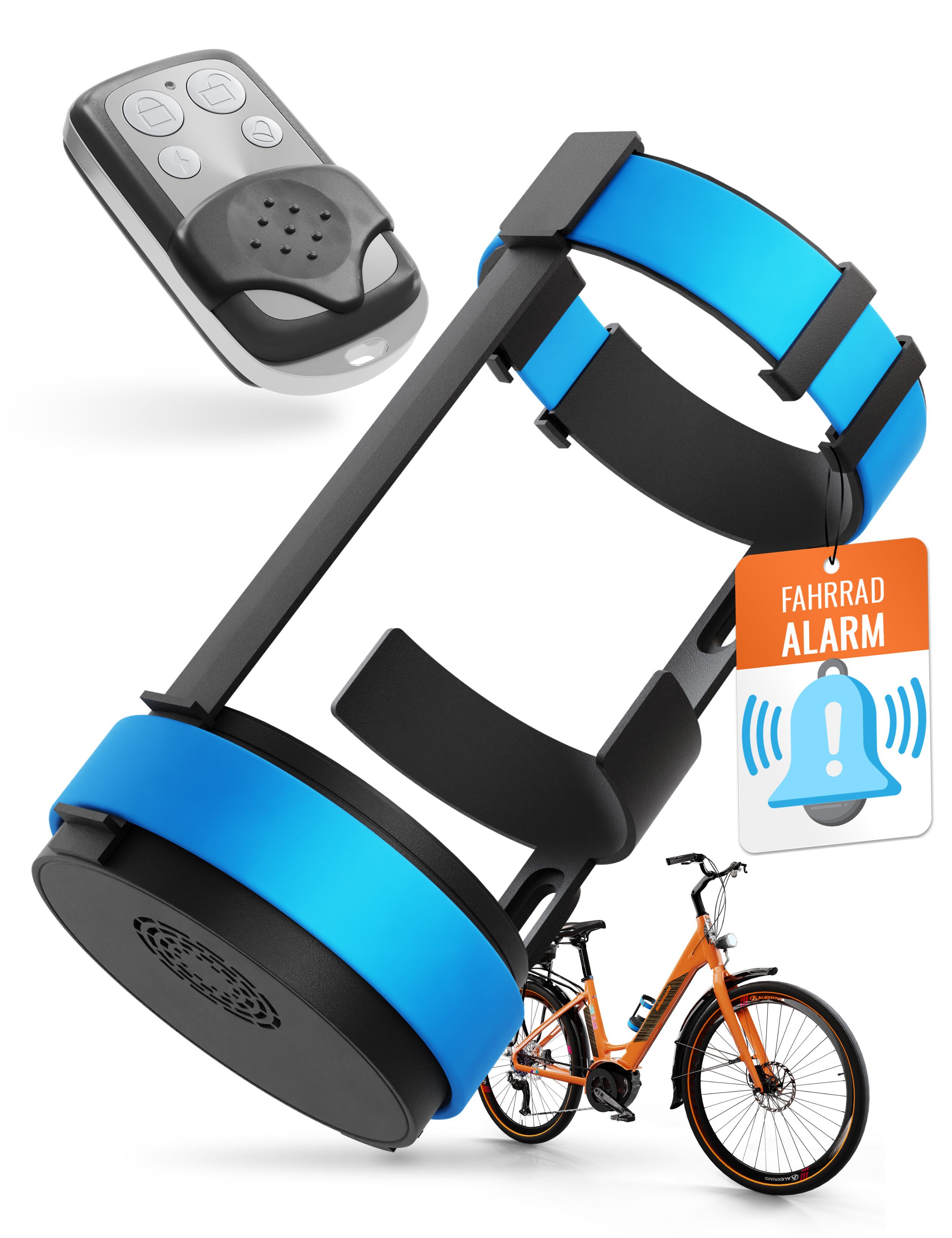 Parkwächter Fahrradalarm mit Universal Flaschenhalter Fahrrad-Alarmanlage (Wasserfeste Fahrradhalterung in Blau)