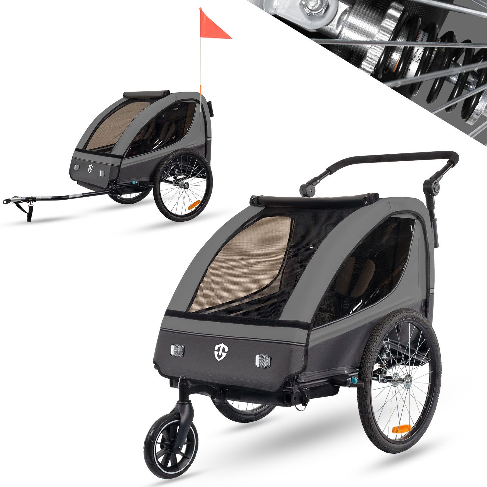 TIGGO Fahrradkinderanhänger Fahrradanhänger Kinderfahrradanhänger mit Buggy Set + Federung, geeignet für 1-2 Kinder
