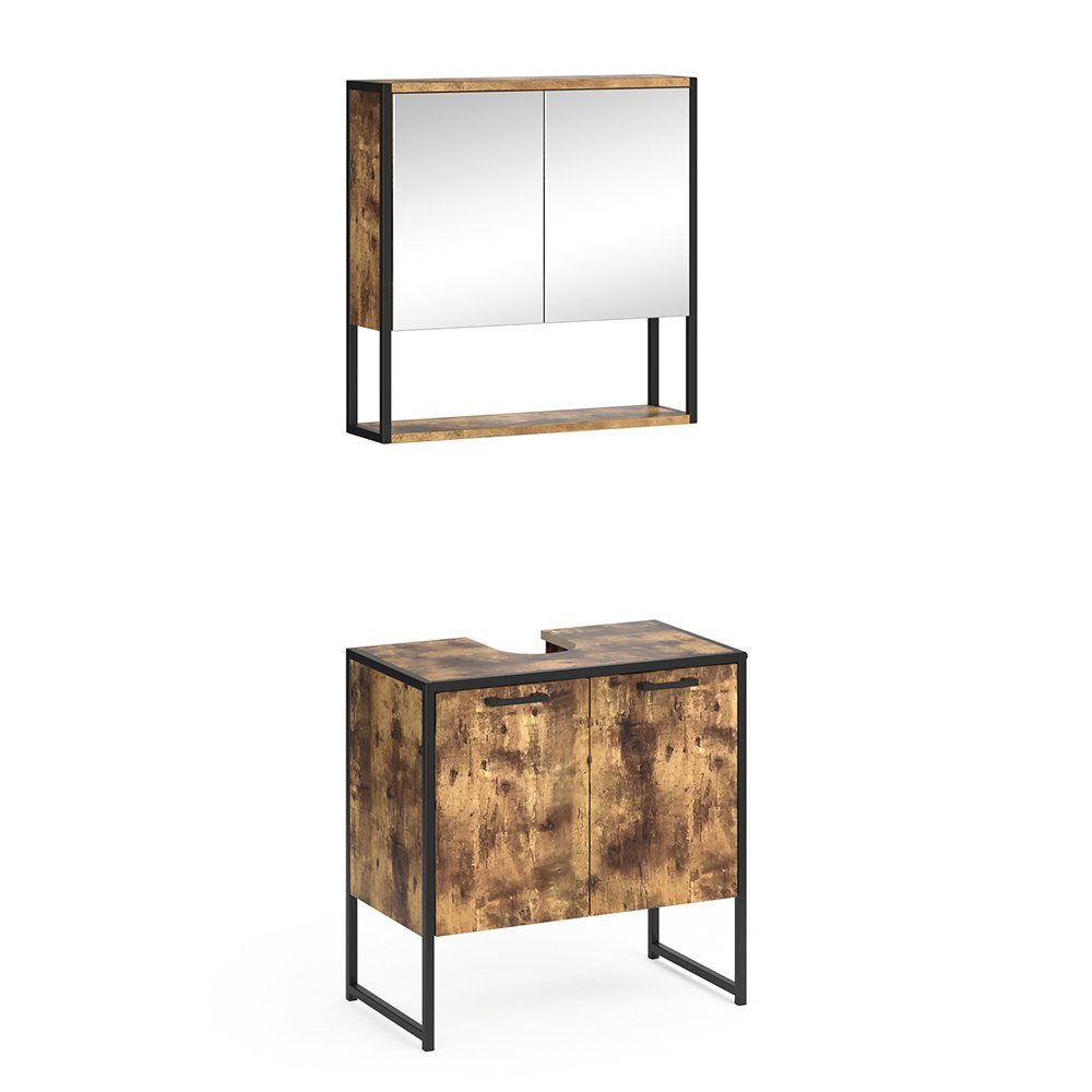 Badmöbel-Set Fyrk, Eiche rustikal/Schwarz, 2 Teile, mit Spiegelschrank