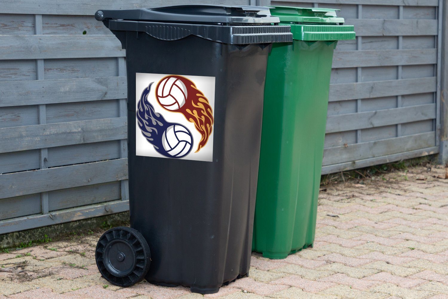 MuchoWow Wandsticker Eine Illustration Mülleimer-aufkleber, Abfalbehälter Yang St), und Mülltonne, Volleybällen brennenden Container, Sticker, (1 in zwei von Yin