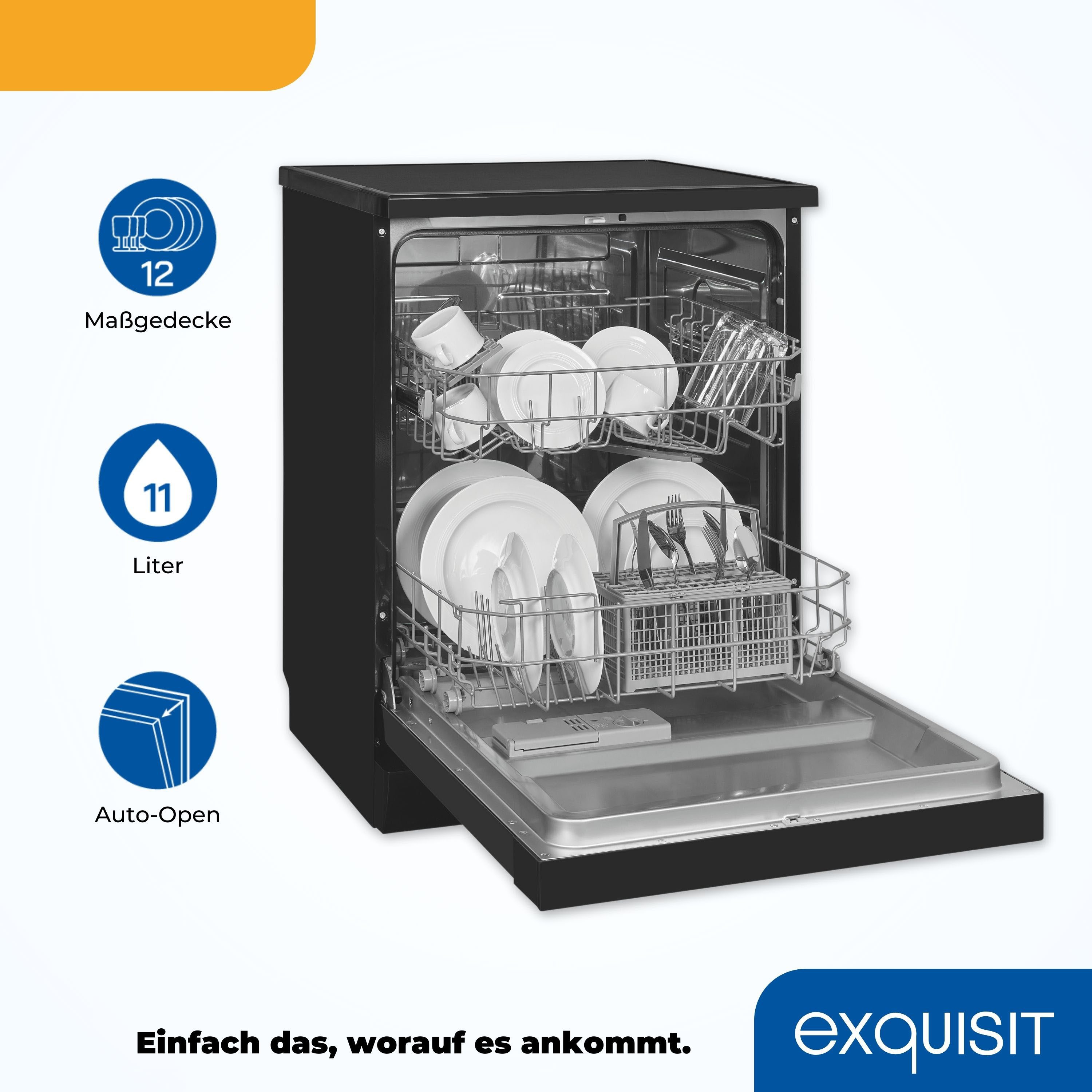exquisit Standgeschirrspüler GSP6312-030C schwarz, 9,8 l, 12 Maßgedecke, 12 Maßgedecke, 6 Programme, LED, Besteckkorb, Auto Door Open, AquaStop – Bild 3 von 5