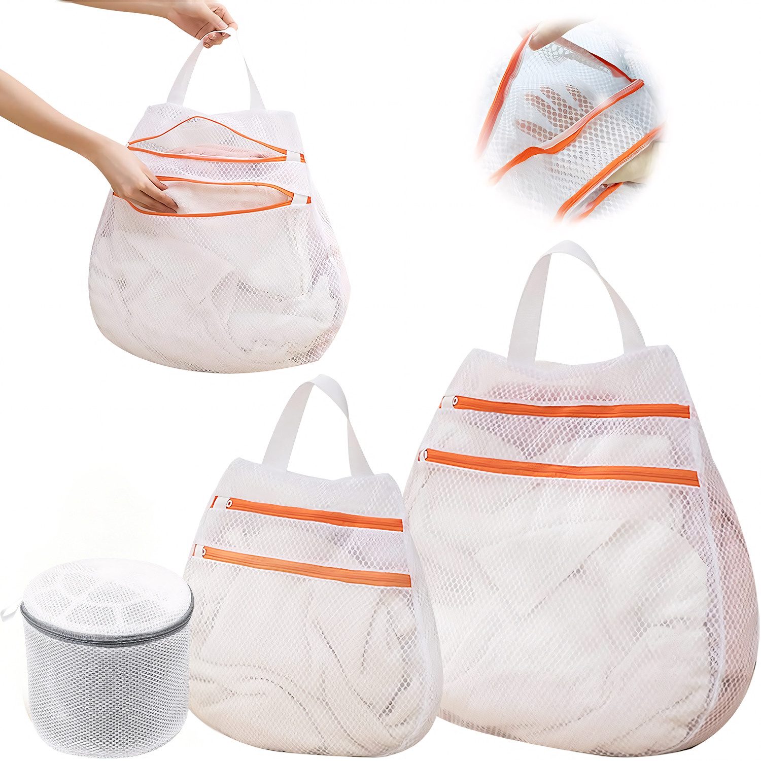 HEYHIPPO Wäschesack 3er Set Wäschesack mit Reißverschluss – doppellagig, für BH, Socken (Set, Wäscheschutzbeutel – Größen S/M/L, doppellagig, für Schonwäsche, weiß), Waschmaschinen-Beutel – wiederverwendbare Netzsäcke für Kleidung