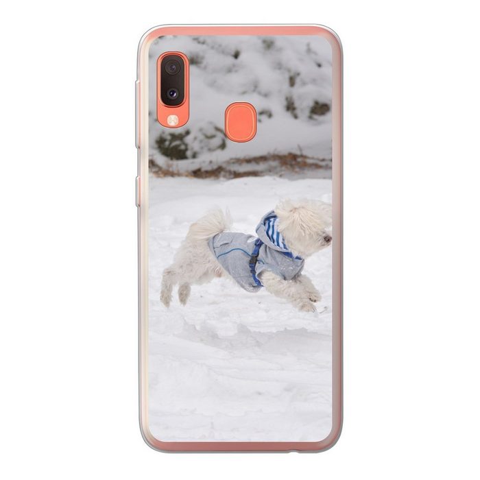 MuchoWow Handyhülle Malteser Hund springt in den Schnee Handyhülle Samsung Galaxy A20e Smartphone-Bumper Print Handy