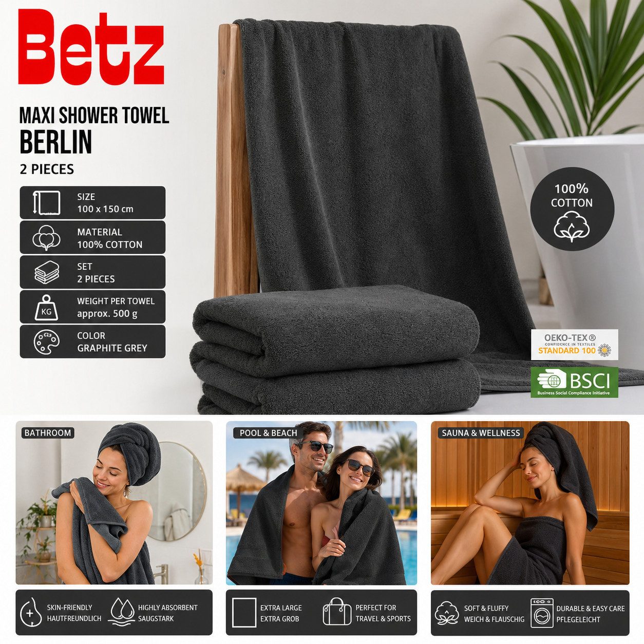 Betz Badetuch Maxi Duschtuch XXL BERLIN Größe 100x150cm, 100% Baumwolle