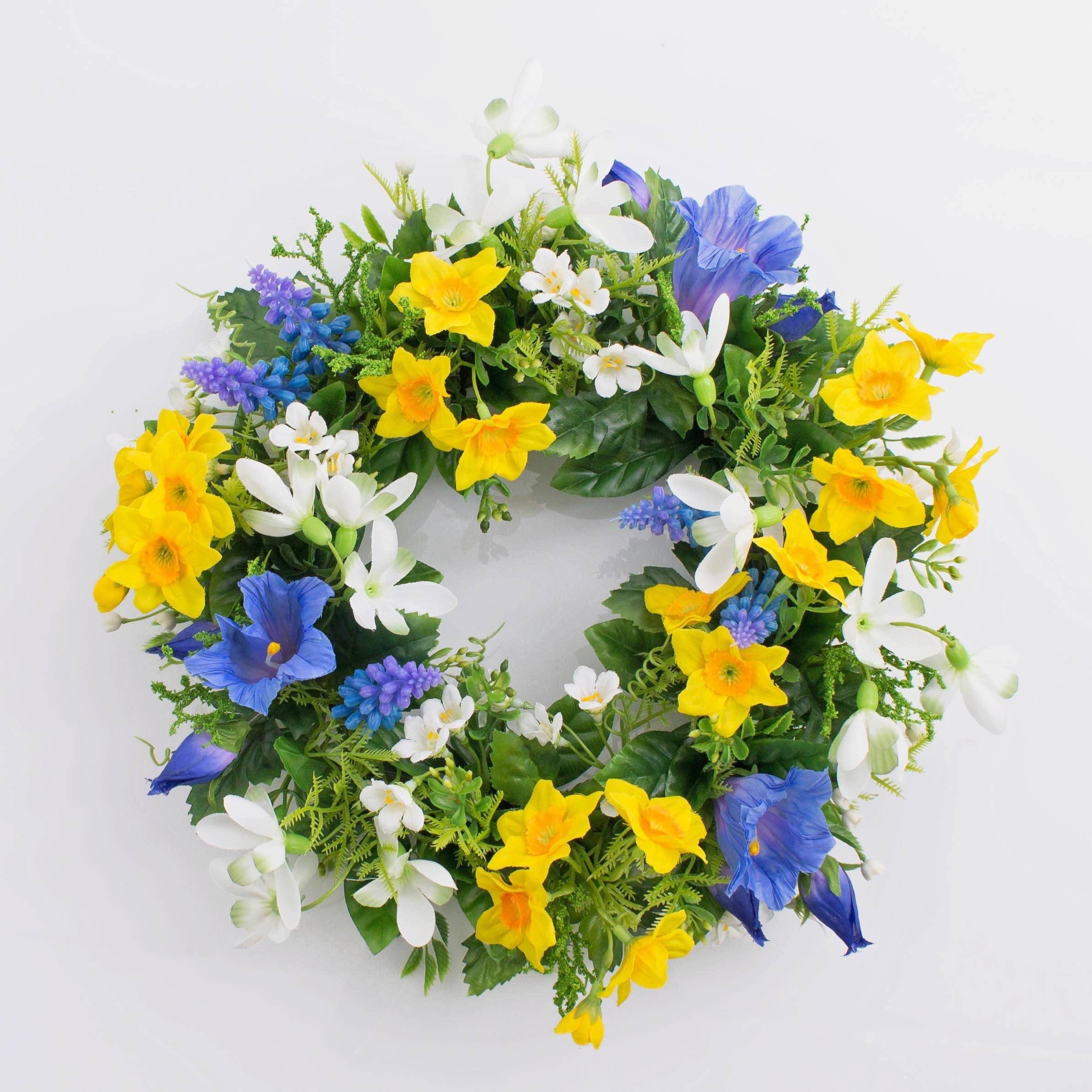 Kunstkranz Frühlingskranz Filippa, Narzisse, Hyazinthen, gelb - blau, Ø 30cm, artplants, Höhe 9.0 cm