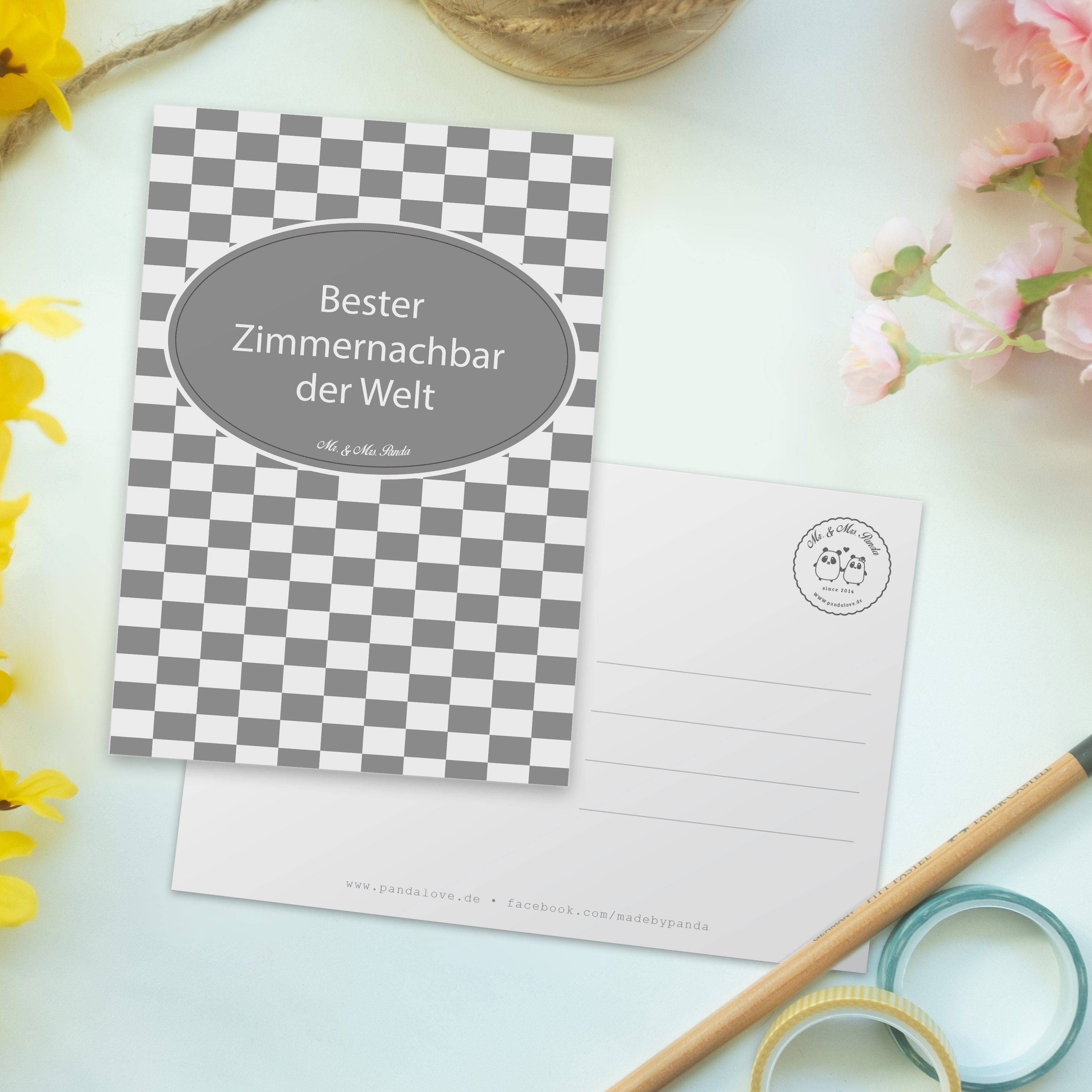 Studentenwohnheim, Geschenk, Mr. Panda - Einladungskart Wohnheim, Mrs. Zimmernachbar & Postkarte