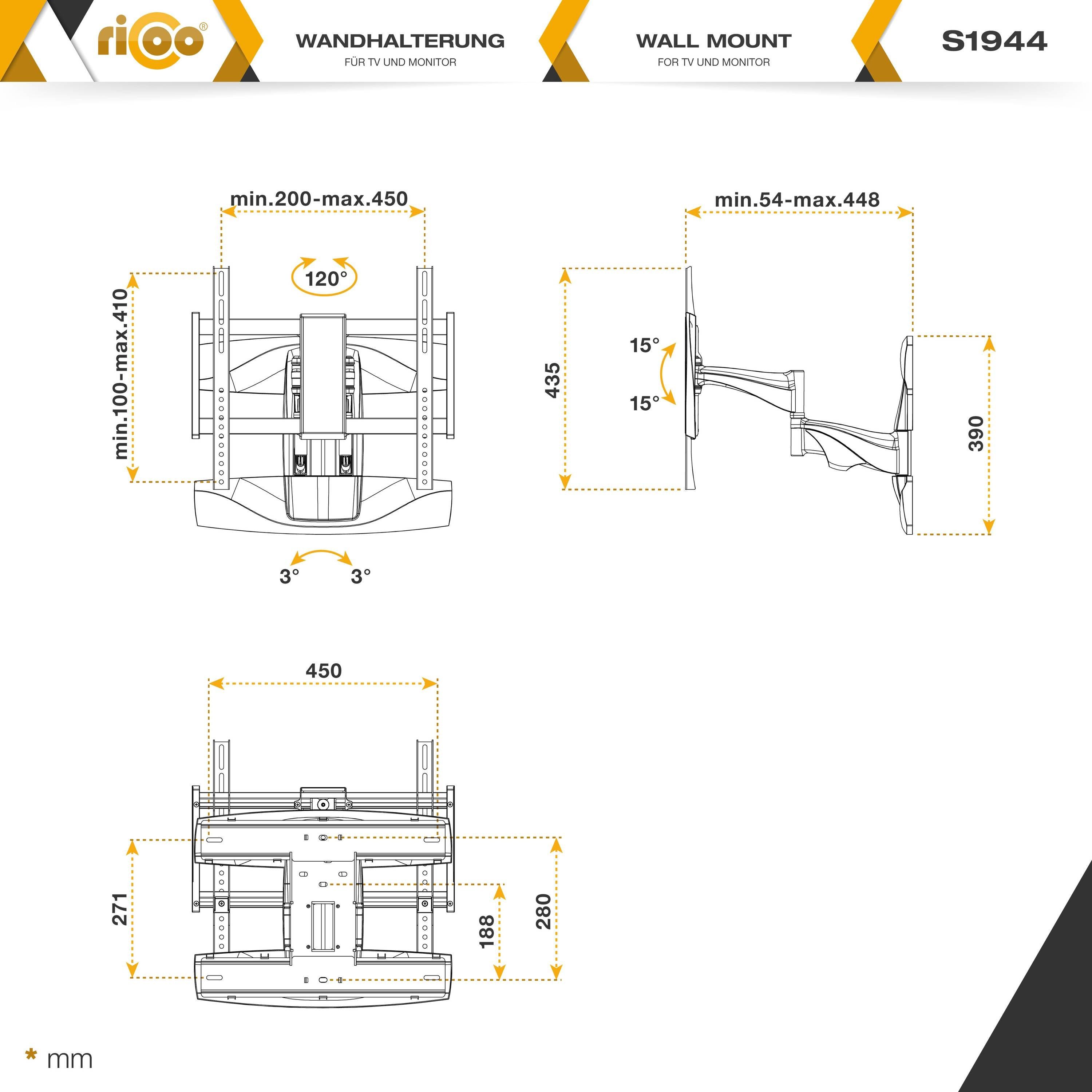 RICOO S1944 TV-Wandhalterung, (bis 400x400) 65 Halter ausziehbar schwenkbar universal Zoll, Fernseher VESA neigbar