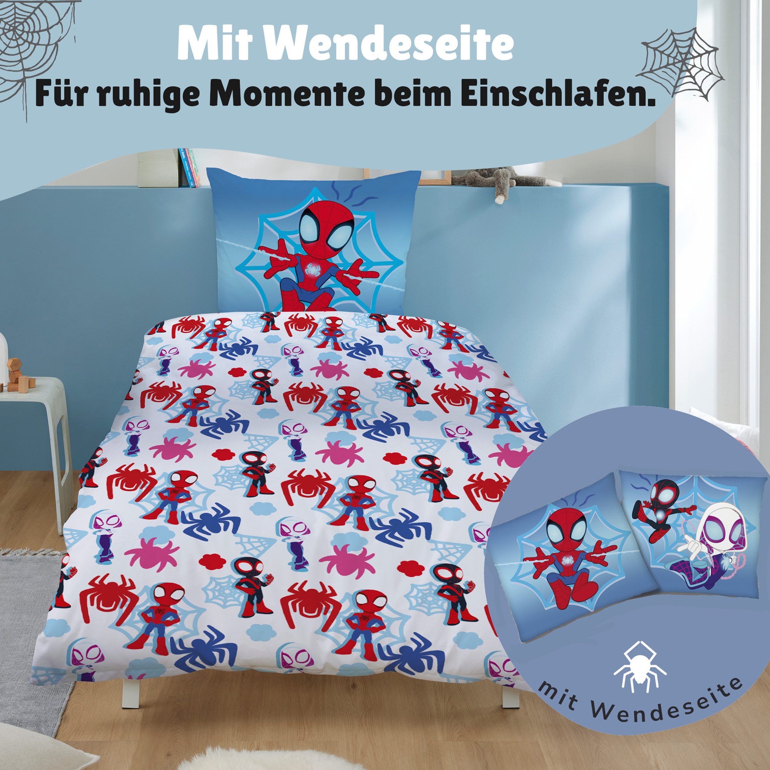 Familando Kinderbettwäsche Spidey und seine Super Freunde 135x200 80x80 cm aus 100% Baumwolle, Renforcé, 2 teilig, mit Wendemotiv auf Kissen und Decke – Bild 4 von 5