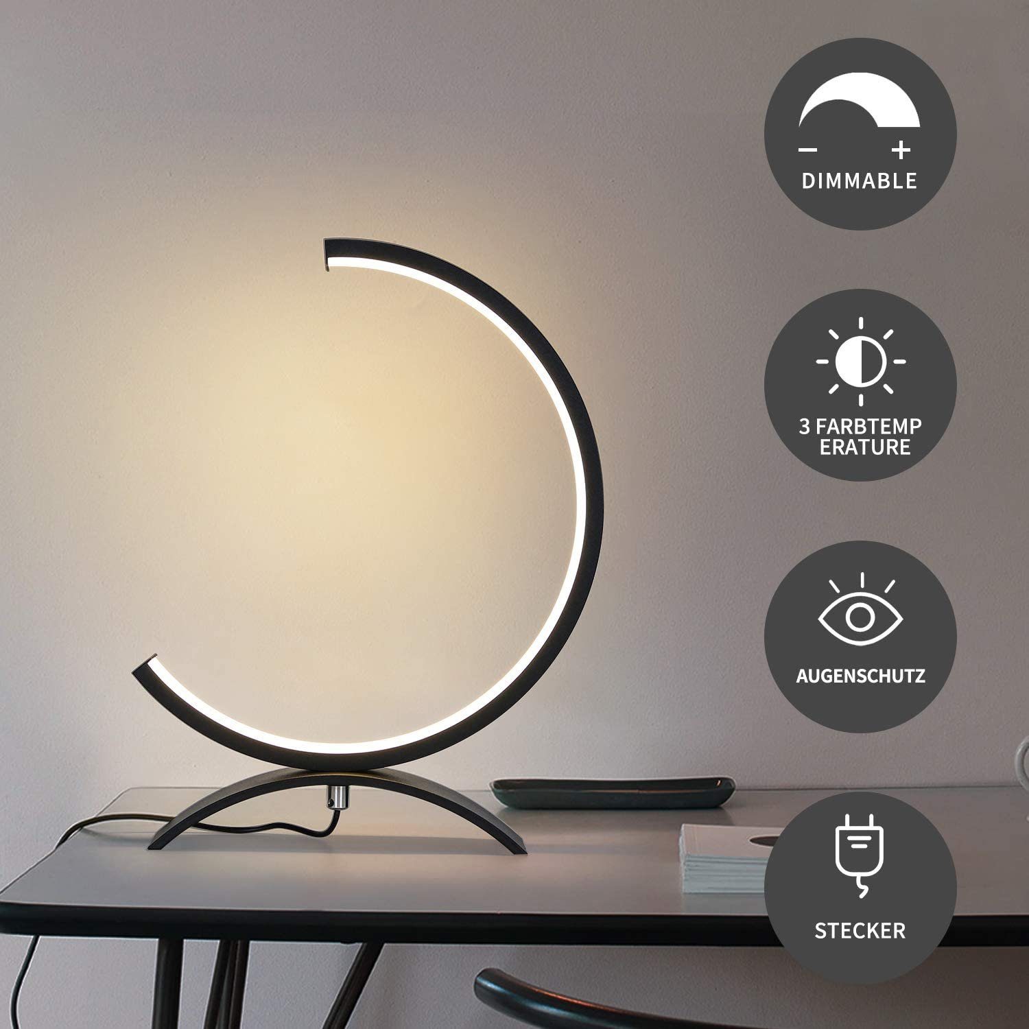 ZMH LED Nachttischlampe modern Halbkreisform Lesenlampe mit 3M Kabel, dimmbar, LED fest integriert, warmweiß-kaltweiß | Tischlampen
