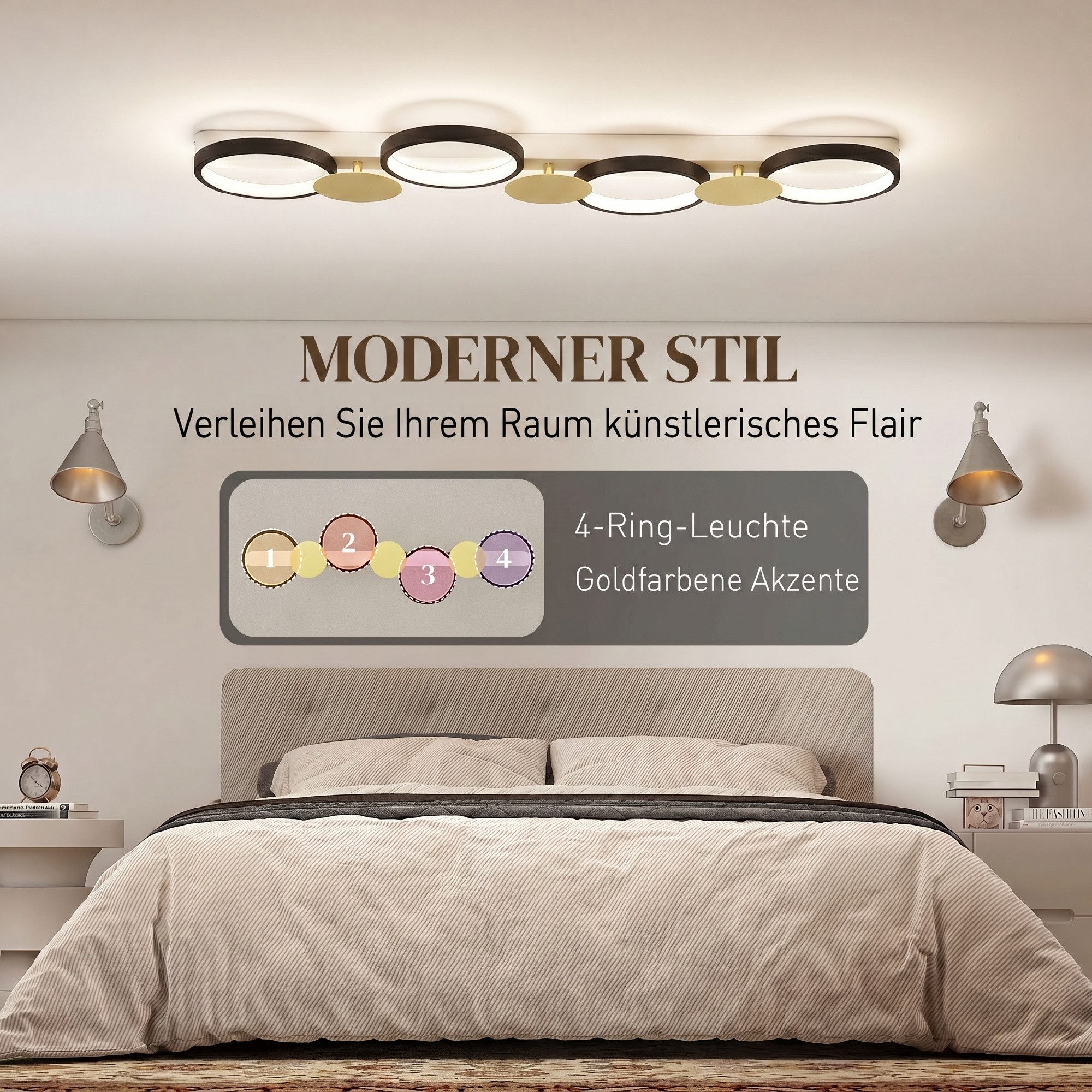 HOMCOM Deckenleuchte LED 38W 1500LM 3000K-6500K dimmbar Deckenlampe mit Fernbedienung, LED, für Wohnzimmer Schlafzimmer, Schwarz+Goldton – Bild 4 von 5