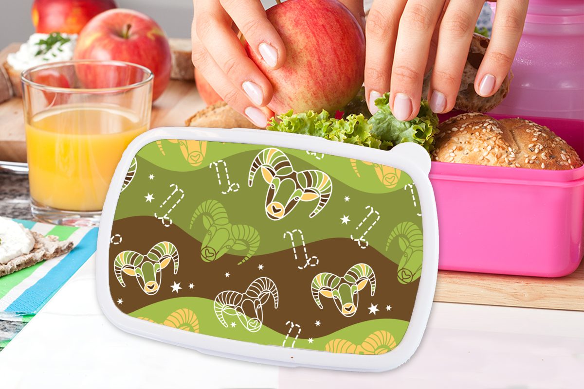 MuchoWow Lunchbox Steinbock - (2-tlg), Gestaltung Erwachsene, Kunststoff Brotbox Astrologie, Mädchen, Kunststoff, Kinder, Brotdose rosa Snackbox, für 