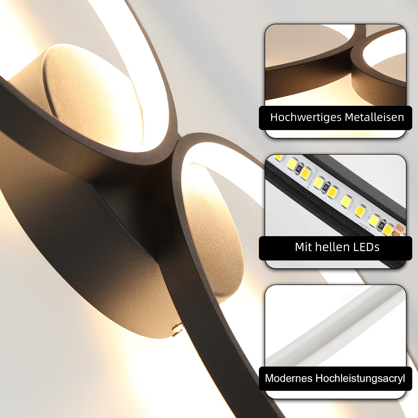 Nettlife LED Deckenleuchte Wohnzimmer Modern Schlafzimmer 4 Flammig in Ringoptik, Dimmbar mit Fernbedienung, LED fest integriert, Warmweiß, Kaltweiß, Neutralwei – Bild 4 von 5
