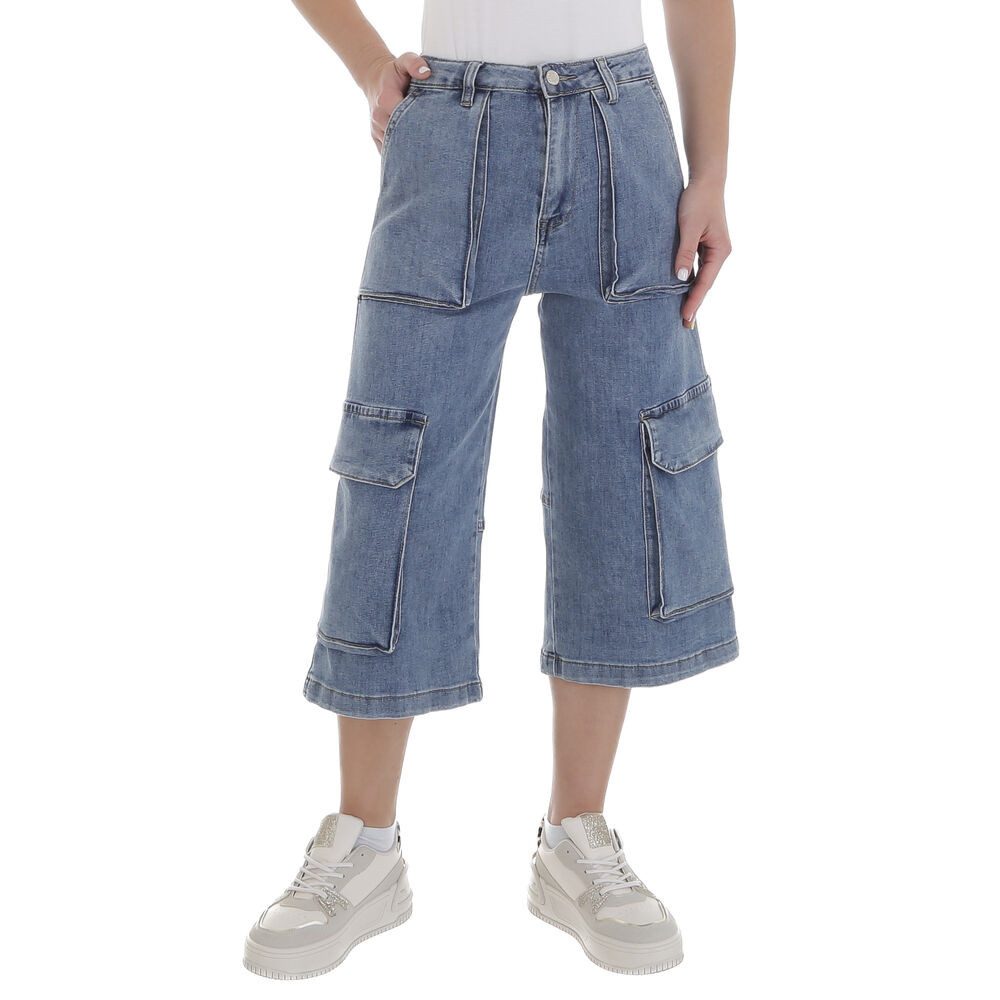 Ital-Design Caprijeans Trendy Damen Cargo-Jeans mit Taschen für Freizeitlooks (90136451) Used-Look Stretch Shorts in Blau