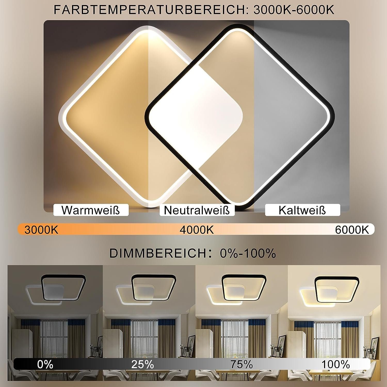 integriert, Schlafzimmer, für fest Wohnzimmerlampe LED 3000-6000k, Deckenleuchte ZMH LED Design Anwendungsbereich, Modern Stufenloses Schwarz-weiß Modernes Dimmen,