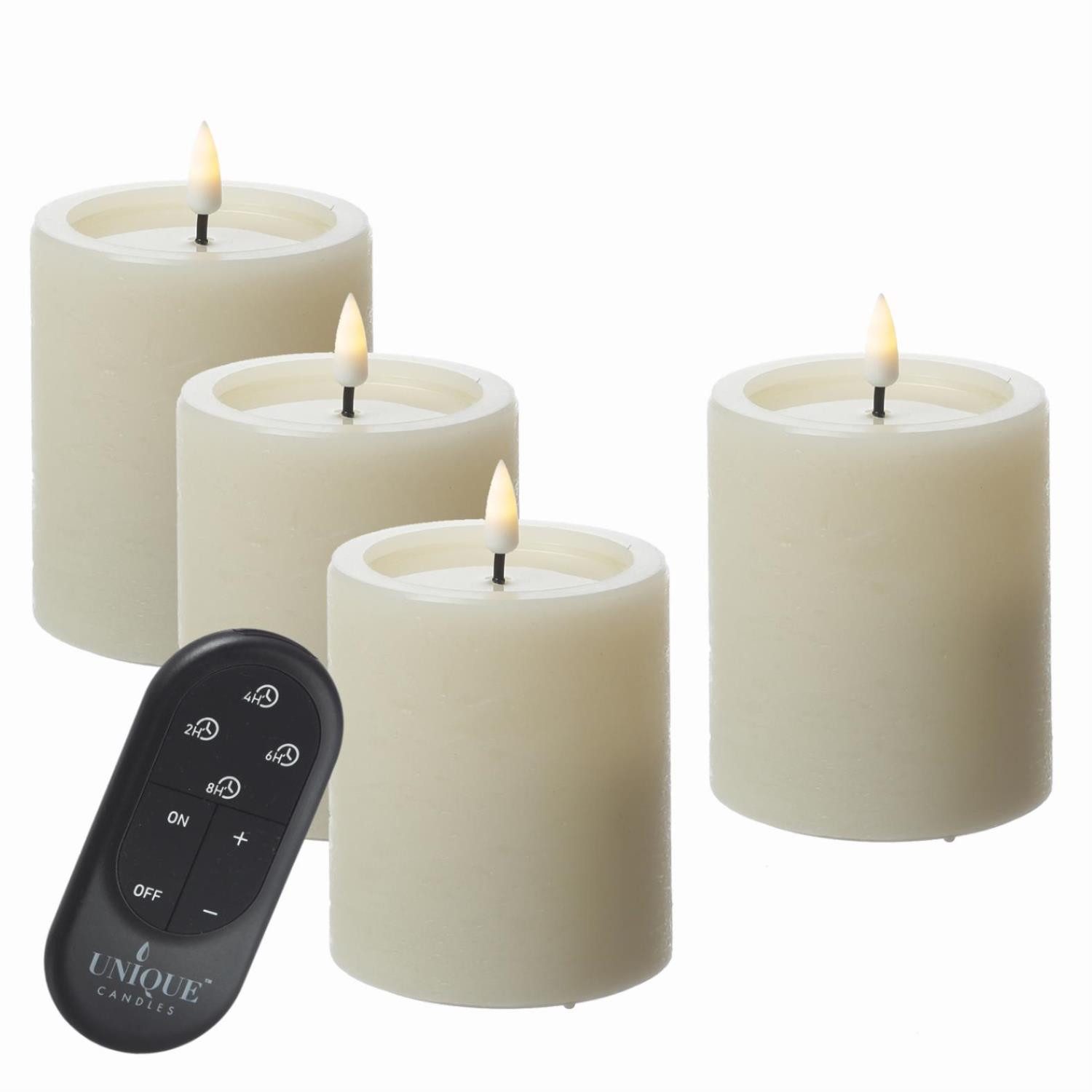 UNIQUE candles LED-Kerze LED Kerzenset UNIQUE Rustik-Optik H: 15cm mit Batterien Fernb. 4er Set, LED Classic, warmweiß (2100K bis 3000K)