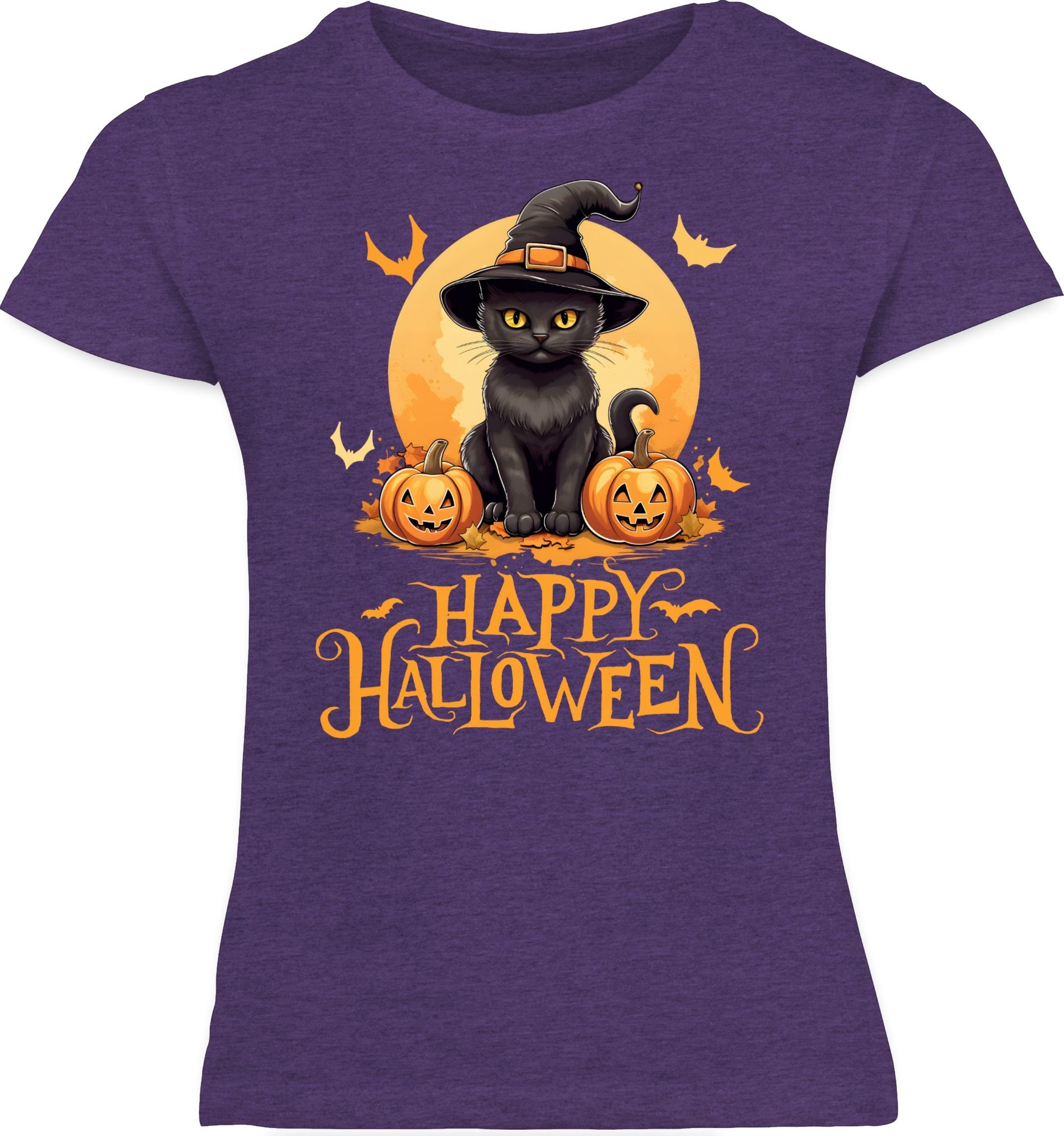 Halloween Cat für Katze Meliert Kinder Lila Happy Halloween Katzenliebhaber Lustig T-Shirt Hexenhut Shirtracer Kostüme 01