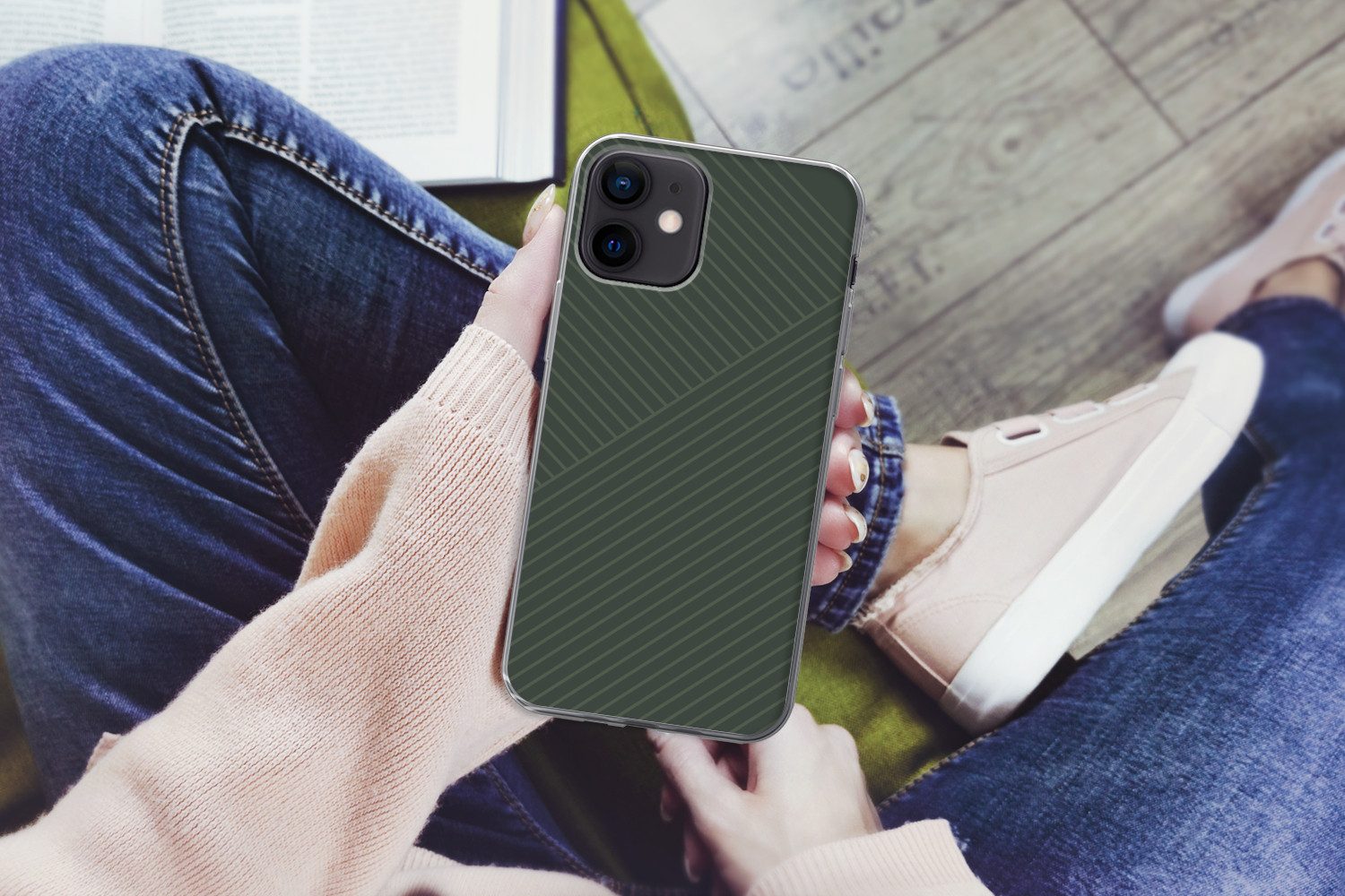 MuchoWow Handyhülle für Apple iPhone 12 mini Linien - Abstrakt - Grün - Minimalistisch, Smartphone-Bumper, Print, Handy Schutzhülle Dünn