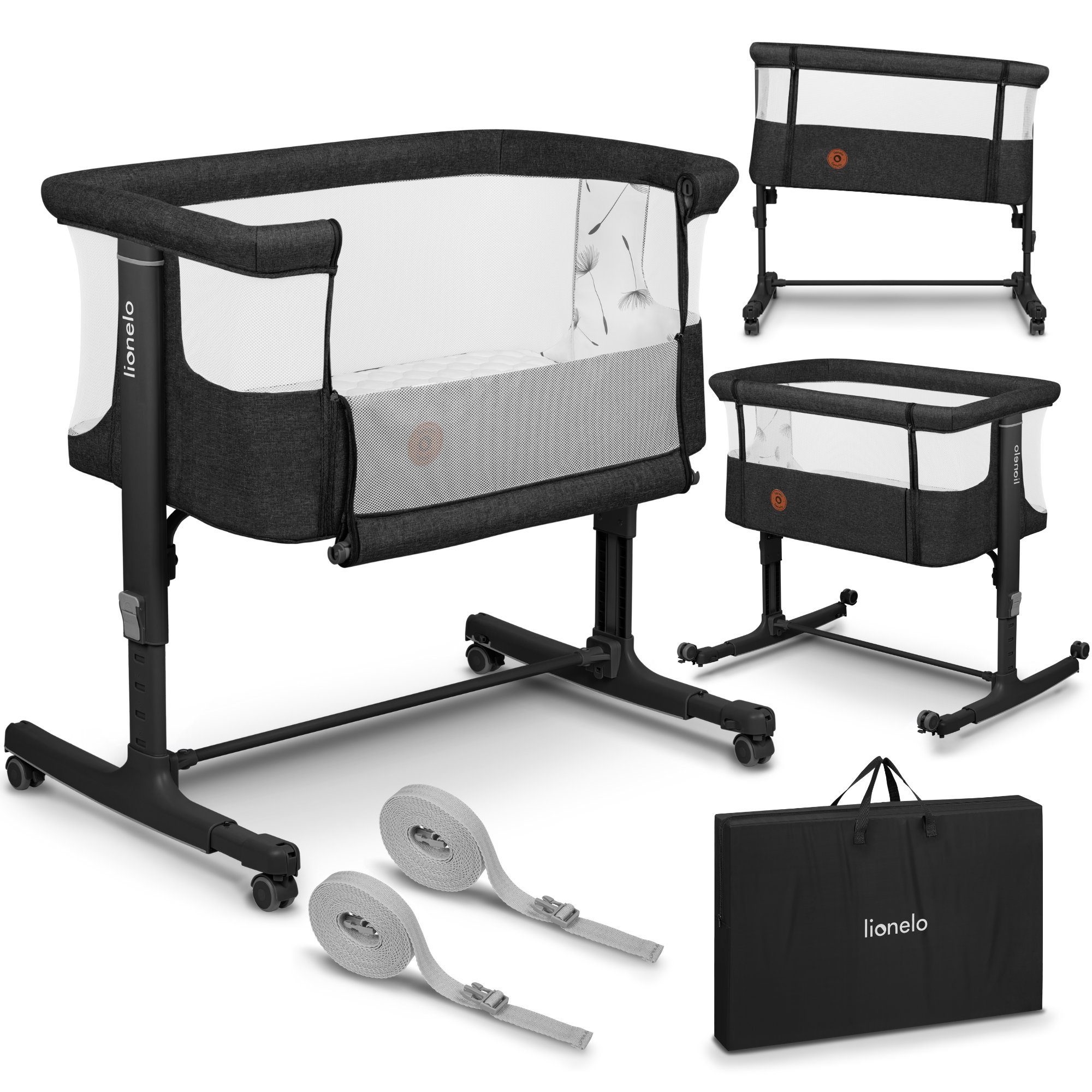 AURORA, Babybett 3-in-1: Babywiege, freistehendes lionelo Beistellbett, Baby-Reisebett Graphite Grau