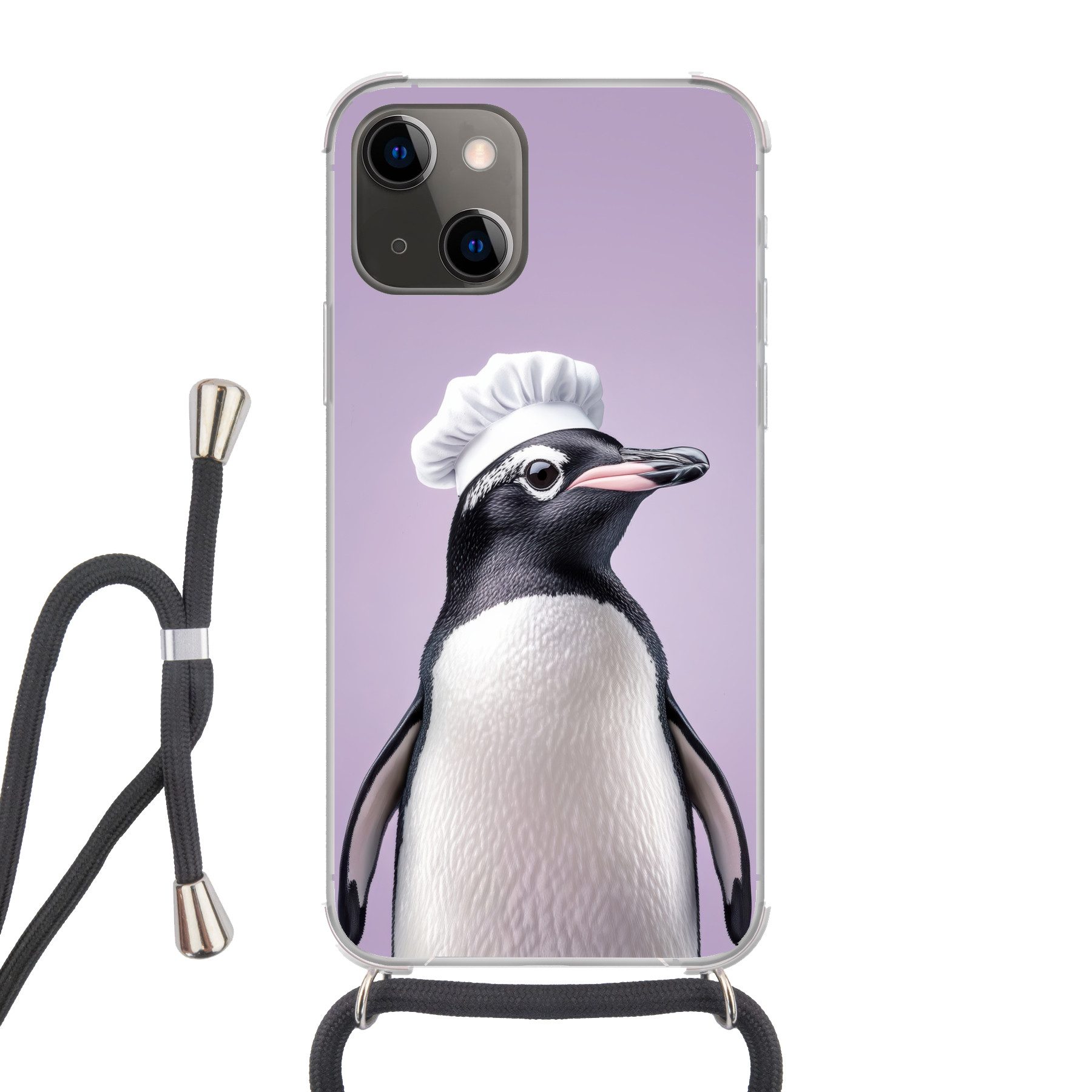 MuchoWow Handyhülle für Apple iPhone 13 Pinguin - Kochmütze - Süß - Lila, Tragbare Handyhüllen mit Kette zum umhängen, Handykette Handyband