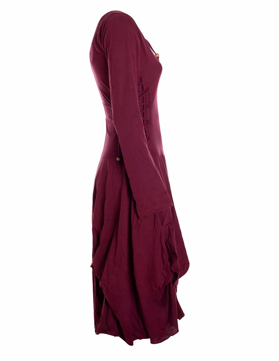 Vishes Midikleid Langes Langarm Bio Ballonkleid einfarbig mit Schnürung V-Ausschnitt Hippie, Elfen, Festag, Style