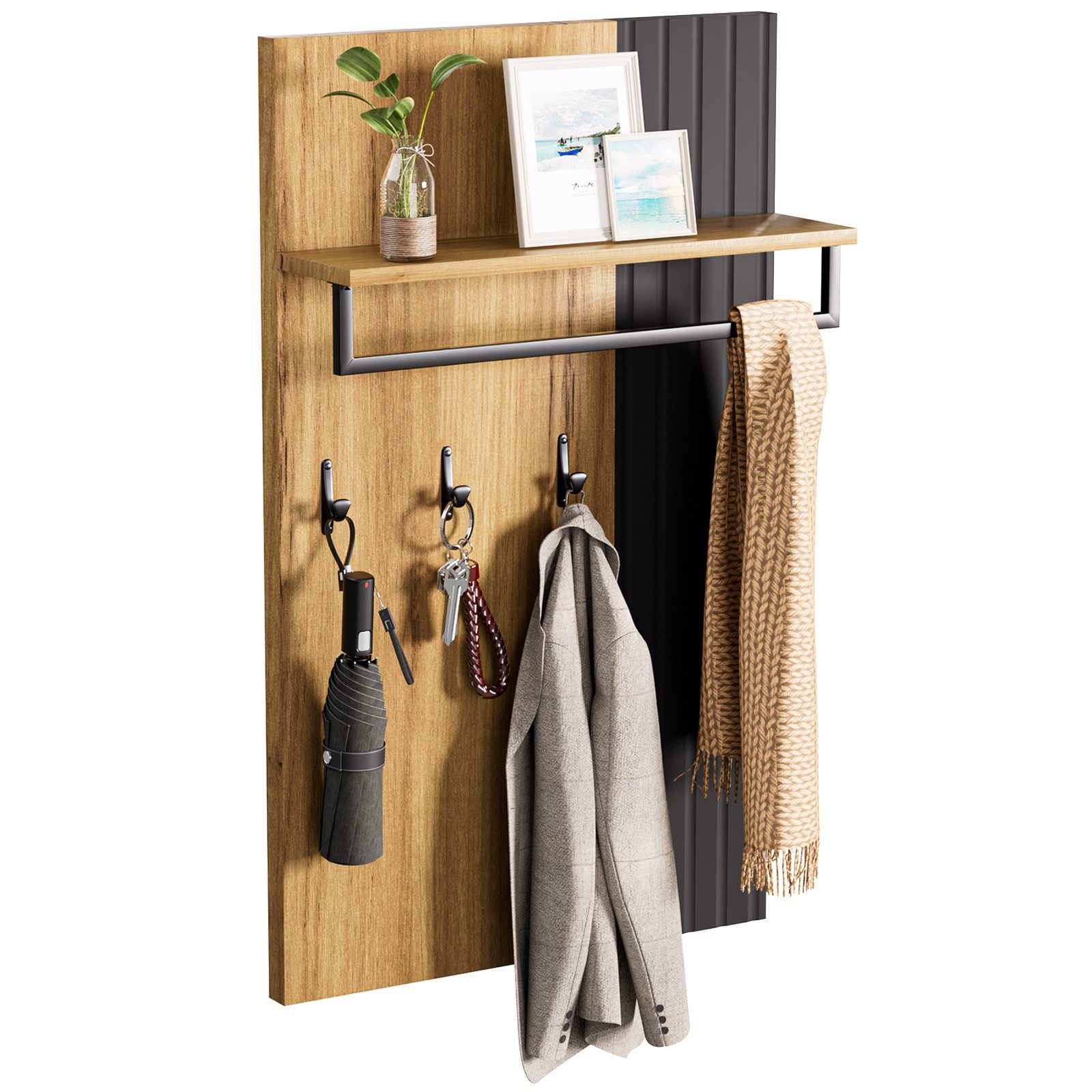 Yorbay Wandgarderobe Garderobenpaneel mit Ablage, Kleiderstange und 3 Haken (60 x 16.5 x 100 cm), Holzoptik Schwarz für Flur
