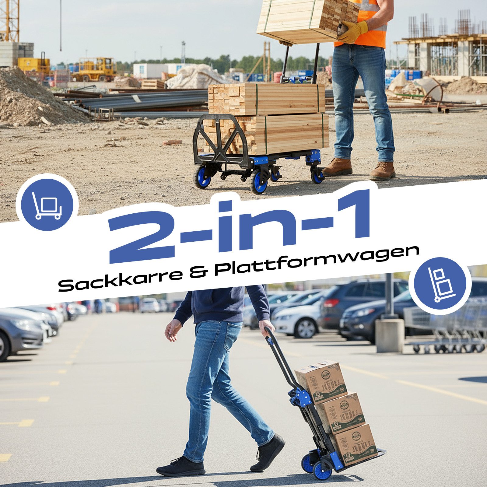 Sekey Aluminum 2-in-1 Folding Hand Truck, Transport Trolley with a Load Capacity of up to 150 kg, Aluminum Platform Trolley with Brake, Ergonomic Handle and 2 Expander Ropes