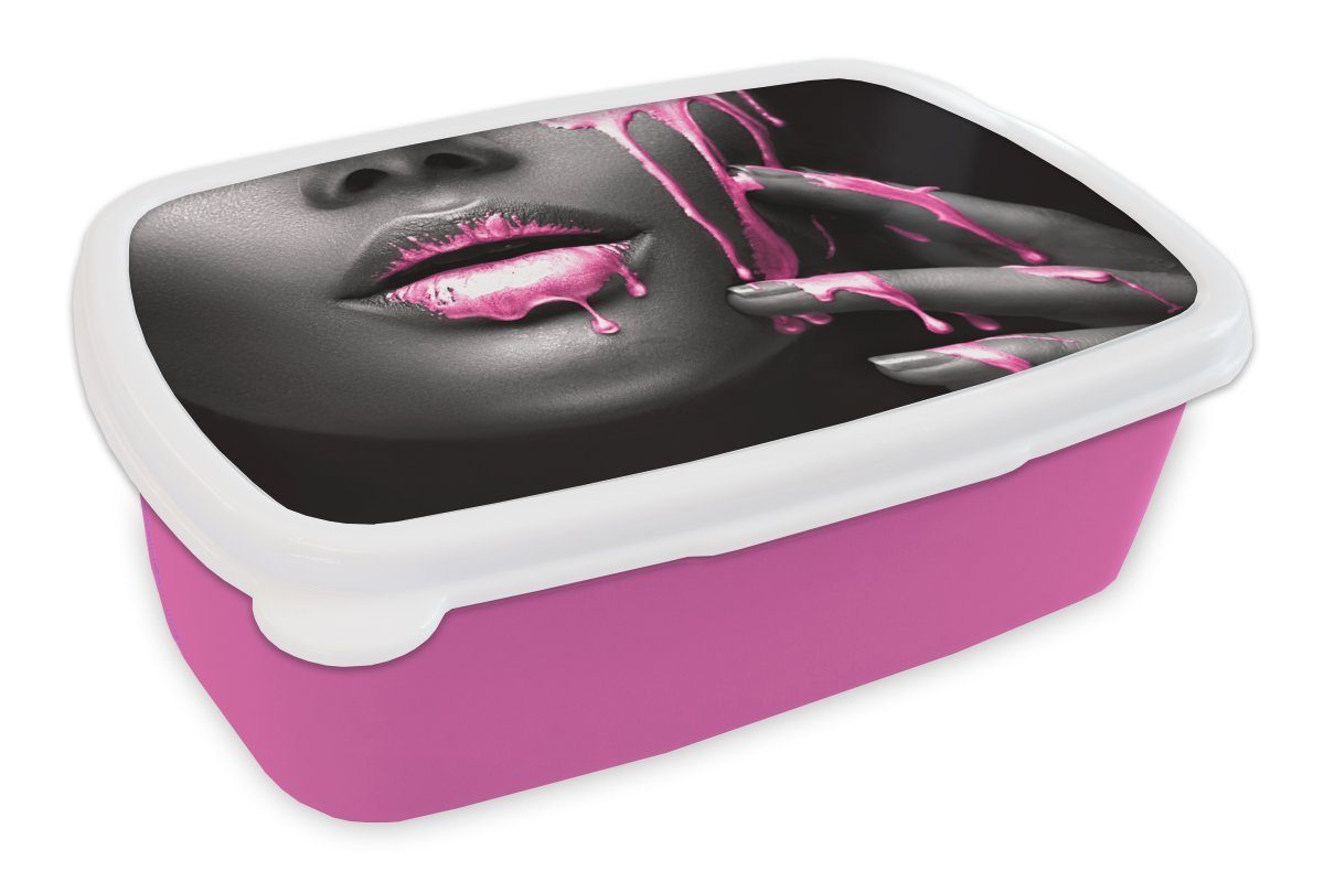 MuchoWow Lunchbox Lippen - Rosa - Schwarz, Kunststoff, (2-tlg), Brotbox für Erwachsene, Brotdose Kinder, Snackbox, Mädchen, Kunststoff