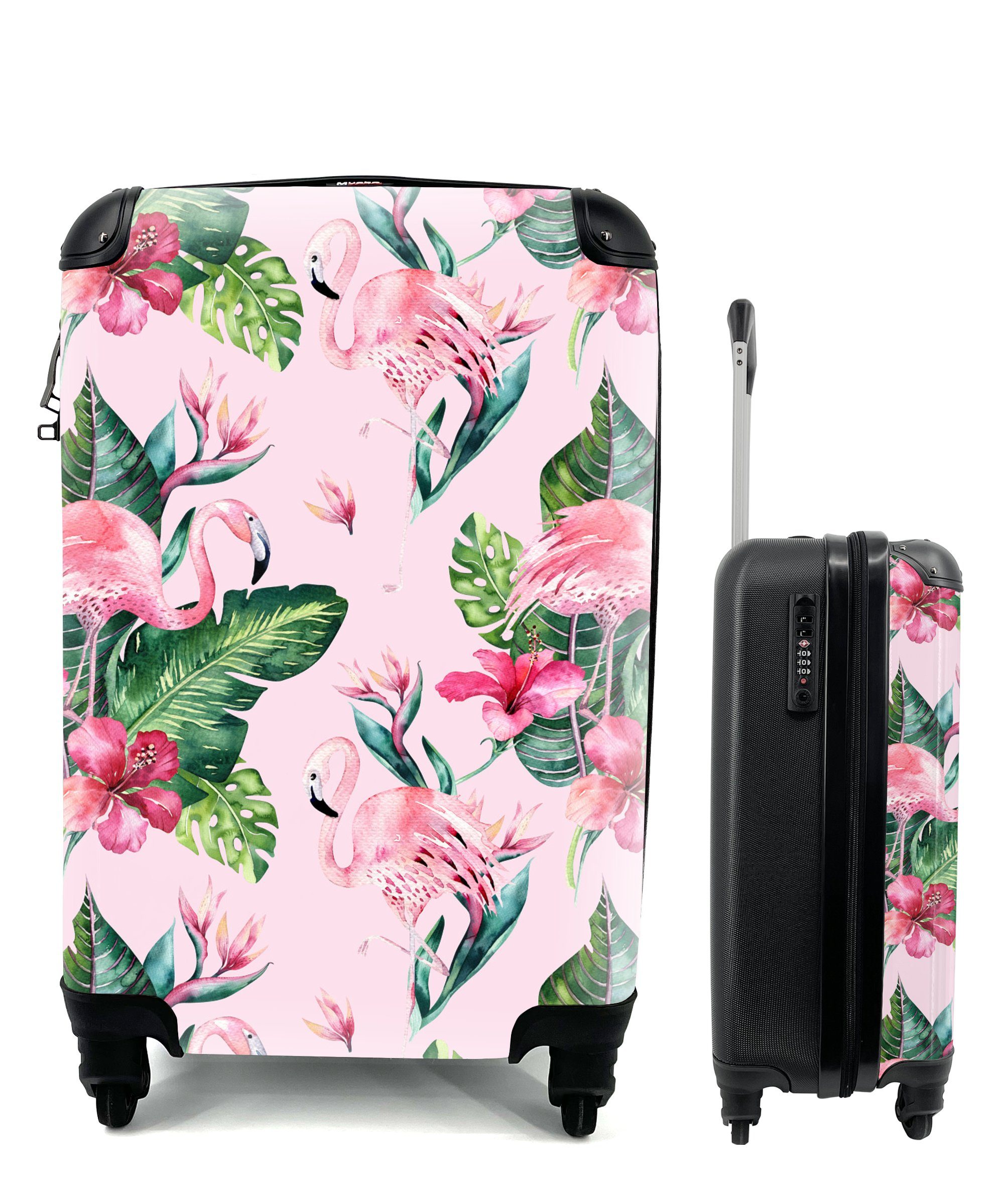 Reisekoffer Reisetasche für - Handgepäckkoffer Trolley, Ferien, Handgepäck Flamingo Rollen, MuchoWow - mit rollen, 4 Pflanzen, Blumen