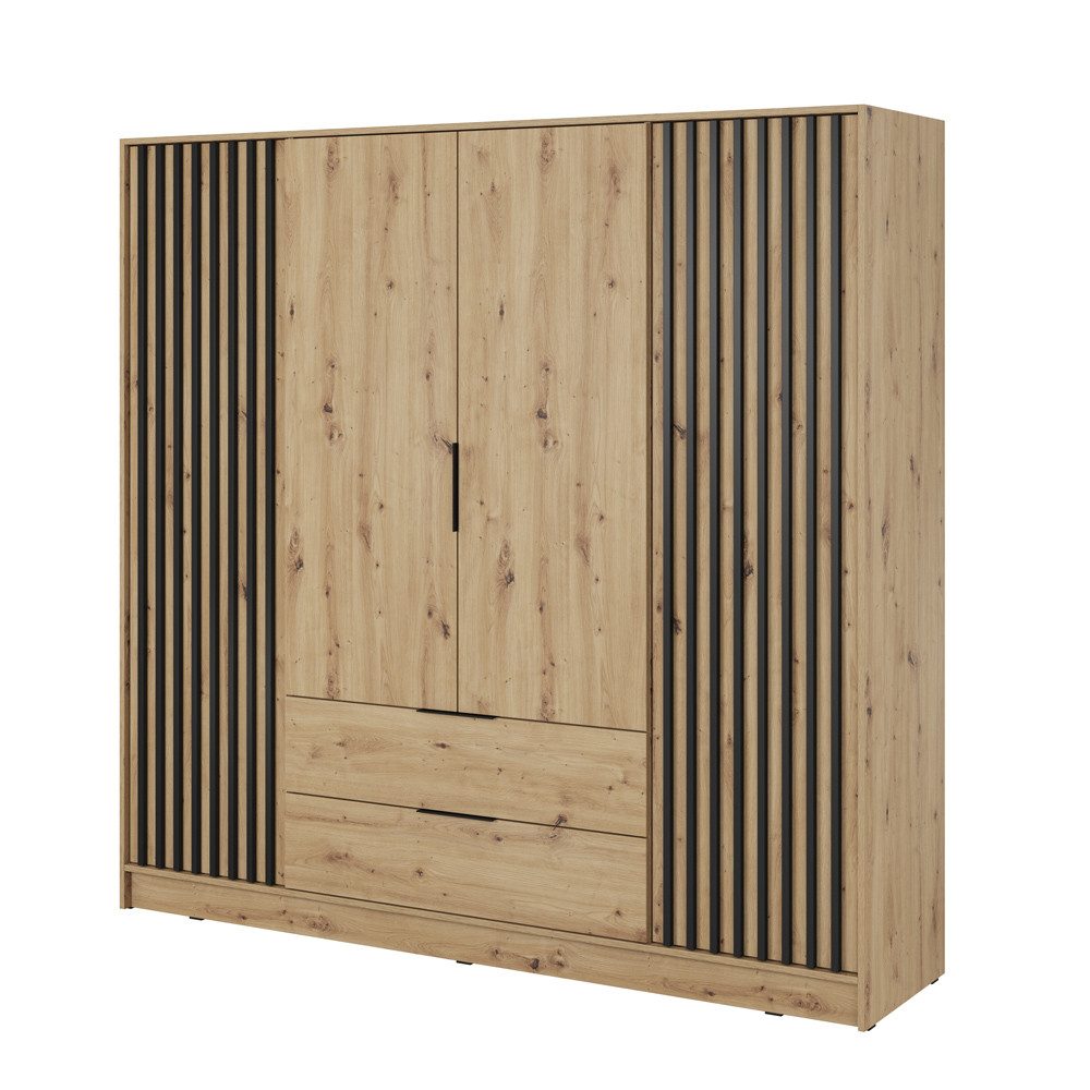 Lomadox Kleiderschrank NAMUR-160 in Eiche, 206 cm breit, mit schwarzen Lamellen, 4-türig