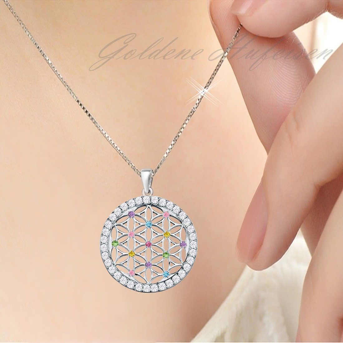 Goldene Hufeisen Kette mit Anhänger Lebensblume günstig online kaufen