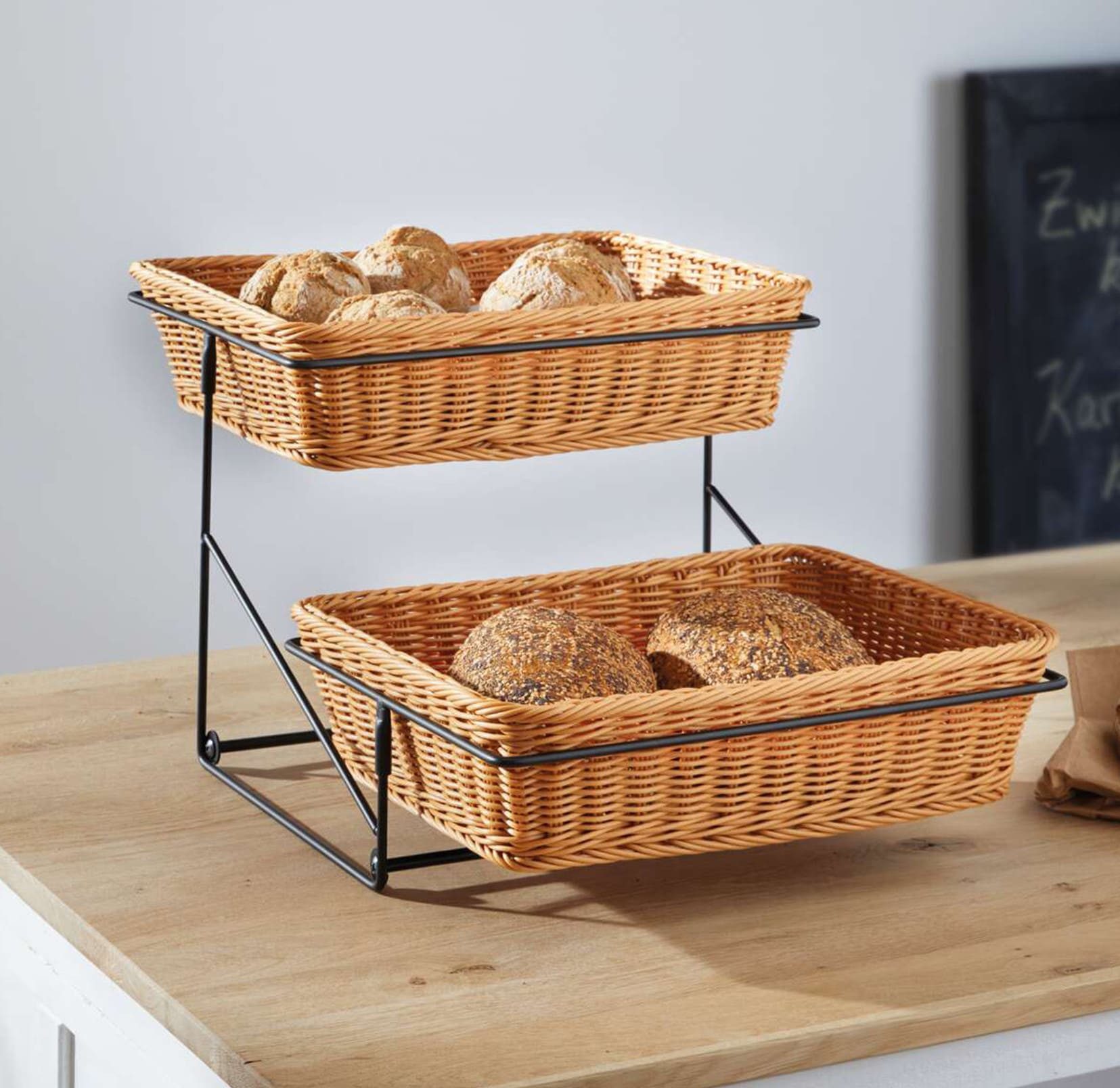Dekoleidenschaft Etagere "Poly" Stufen-Etagere, Brotkorb, Obstkorb, Präsentationsständer, Polyrattan, aus Metall, schwarz + Körbe aus Polyrattan