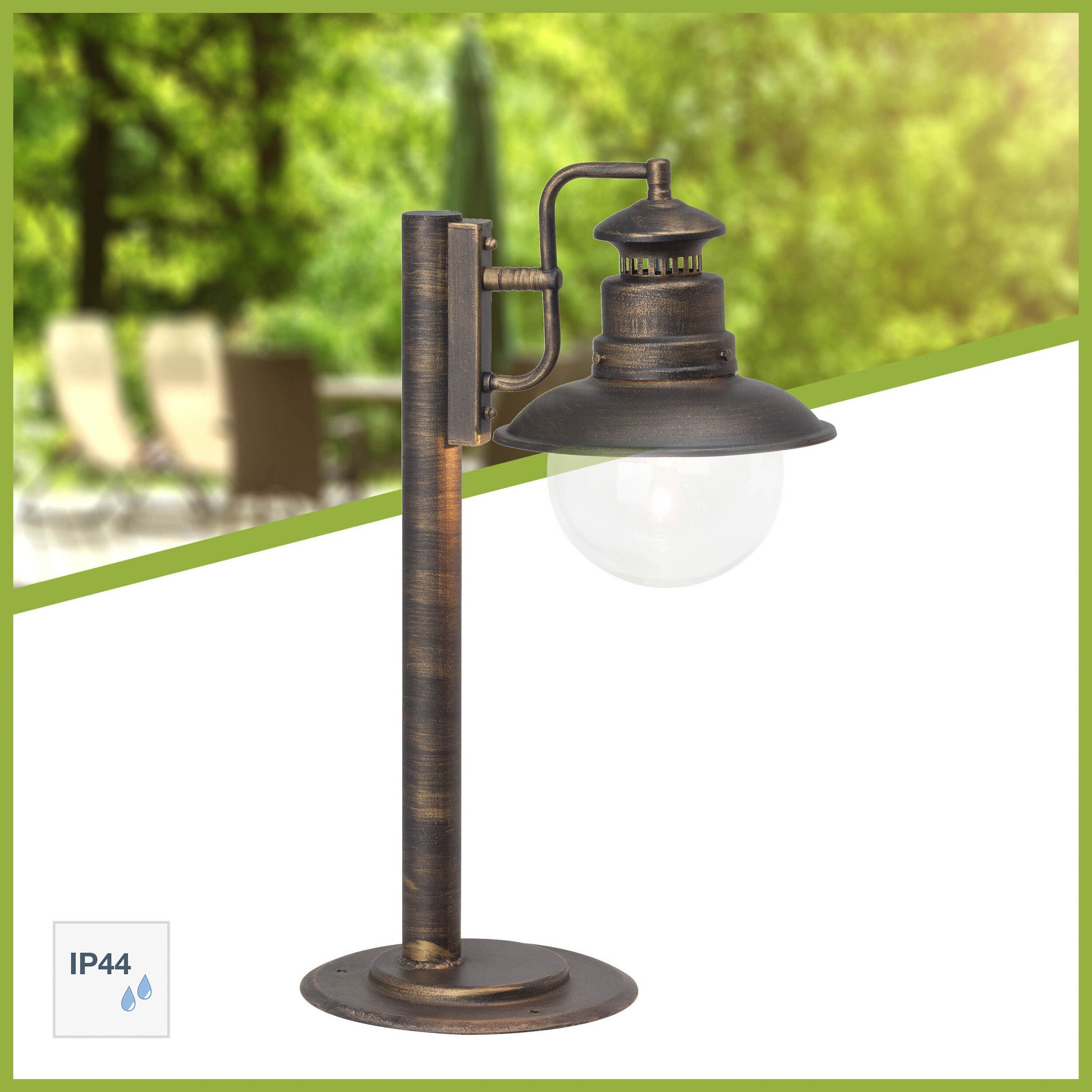 Außen-Stehlampe, schwarz/goldfarben rustikale Sockelleuchte, Lightbox cm, 53x39 E27, Glasschirm, Leuchtmittel, ohne