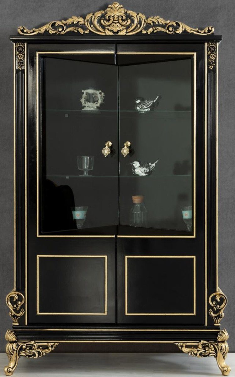Casa Padrino Vitrine Luxus Barock Wohnzimmer Vitrine Schwarz / Gold 130 x 55 x H. 210 cm - Prunkvoller Barock Vitrinenschrank mit 2 Glastüren - Edle Barock Möbel