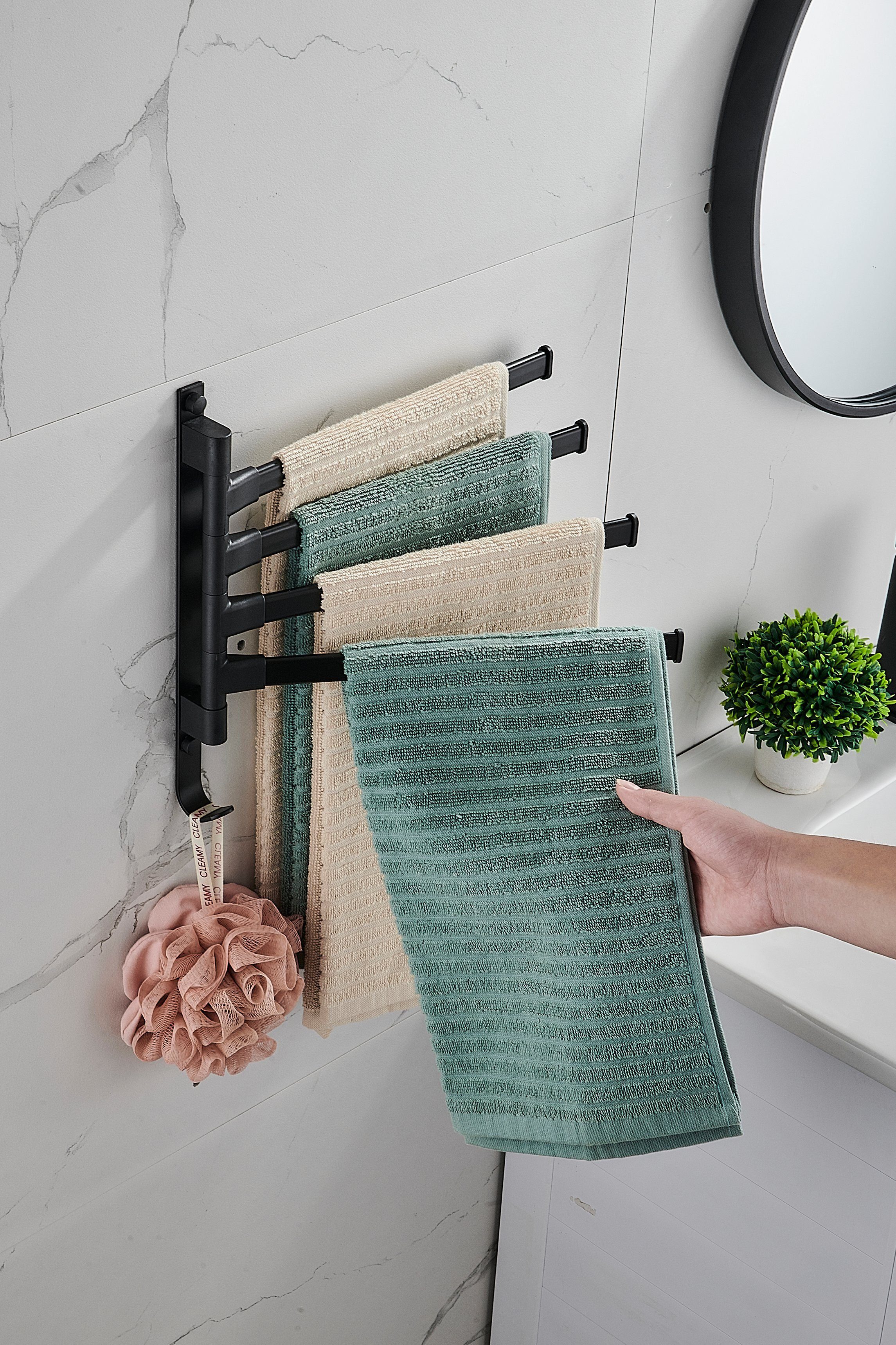 HOMEIDEAS Handtuchhalter, Aluminium Towel Mit Handtuchhalter Haken Schwarz-Vier Handtuchhalter Holder
