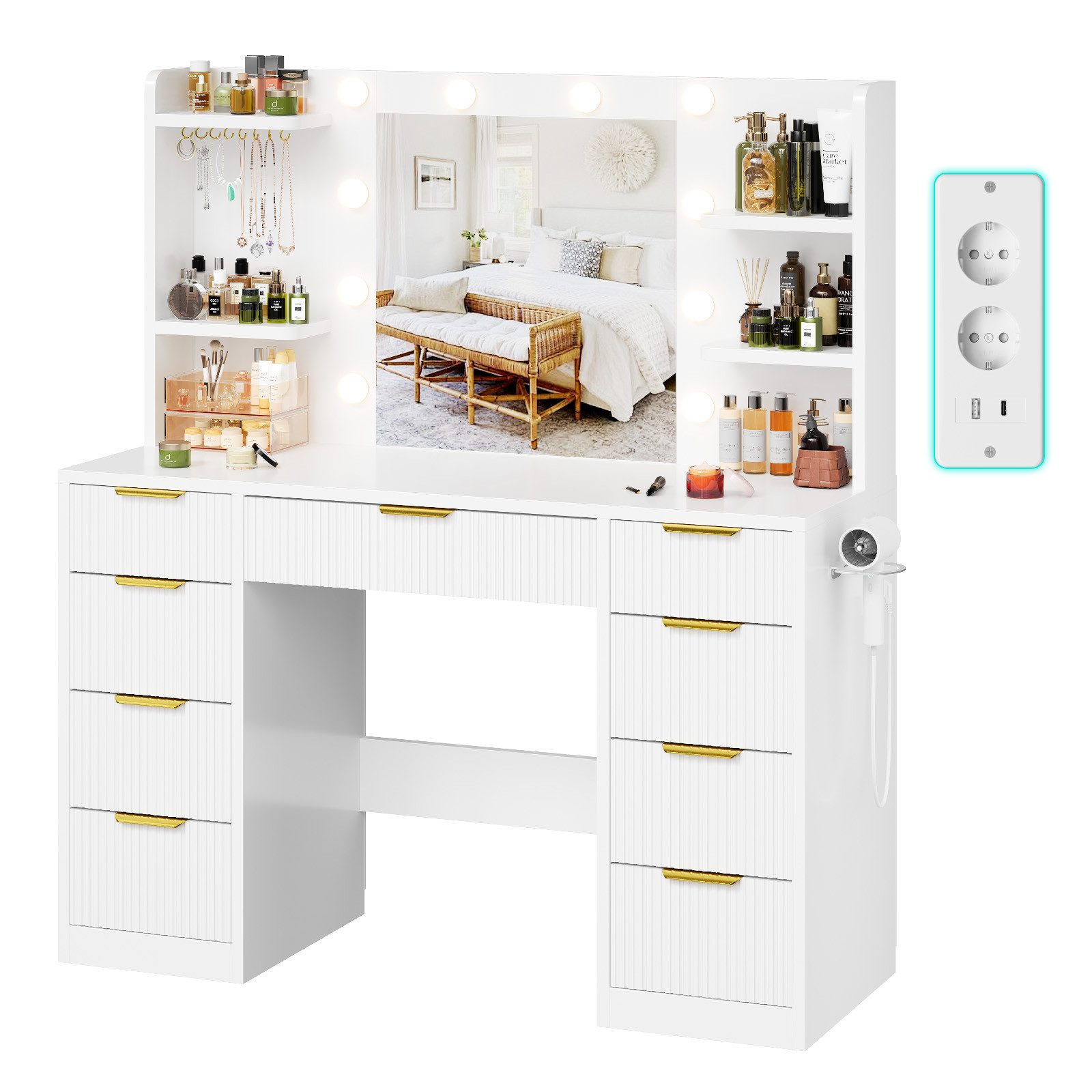 HOMALL Schminktisch Mit dreifarbiger LED-Beleuchtung, mit Spiegel, optional mit Hockern (Maße: 110 x 40 x 137 cm, mit 10 kugelförmigen Lampen, deren Helligkeit  – Bild 2 von 5