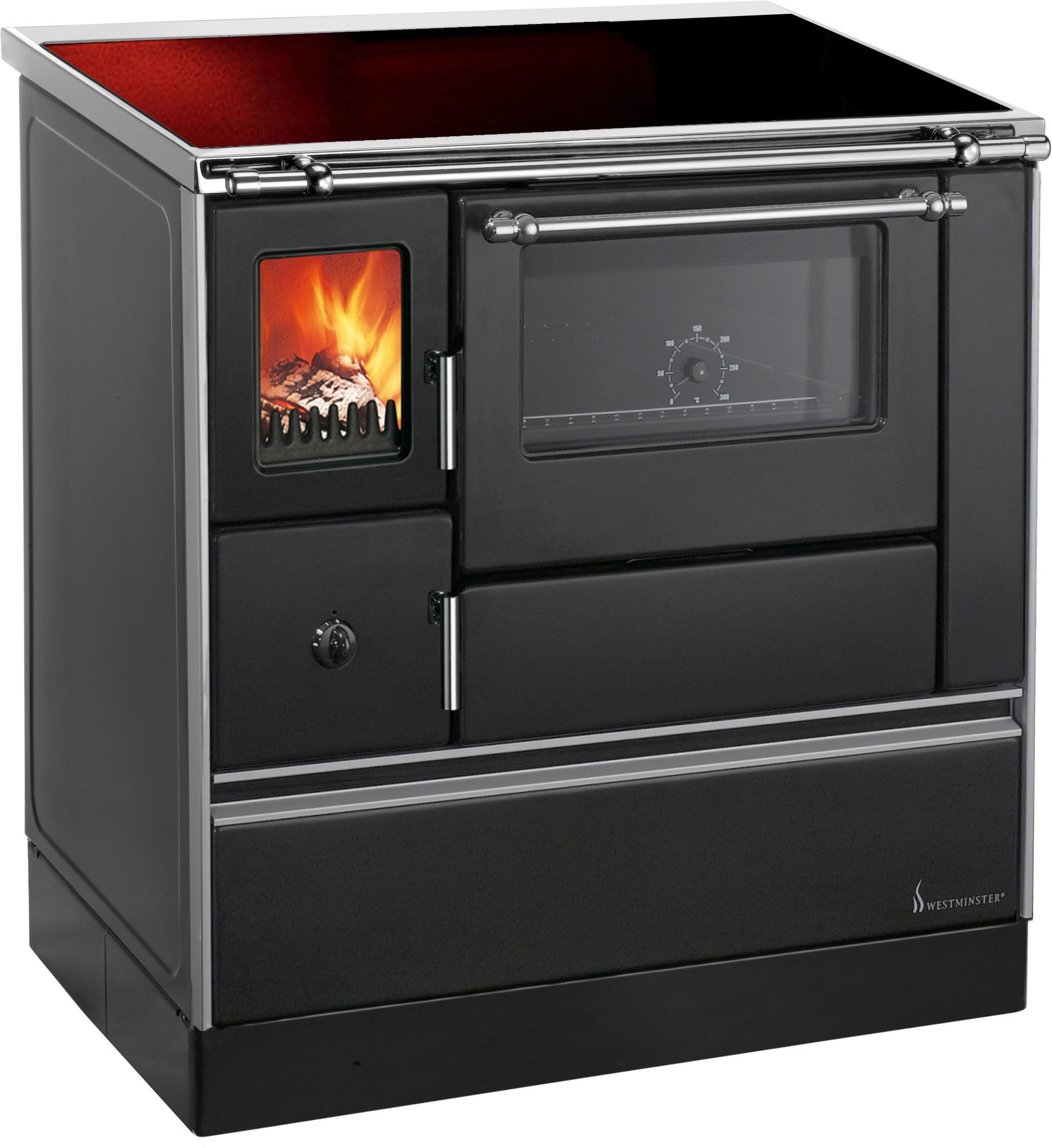 WESTMINSTER Festbrennstoffherd K76F-90 schwarz, rechts, Ceran, 7,6 kW, Zeitbrand