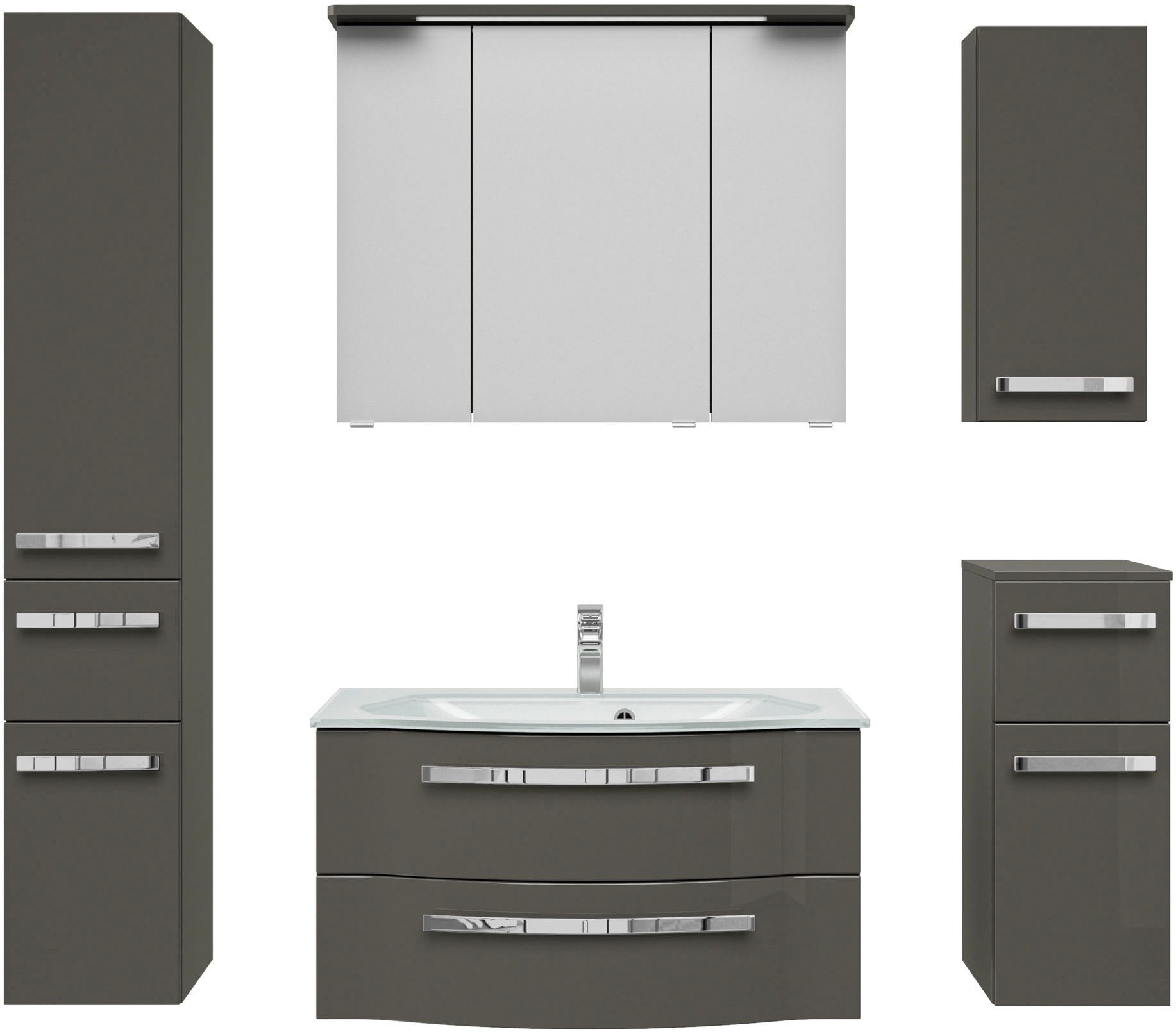 Saphir Badmöbel-Set Serie 4005, vormontiert, Glaswaschbecken, Spiegelschrank, (Set, 6-St), Badezimmer-Set mit Unterschrank, Hängeschrank, Hochschrank, Türdämpfer