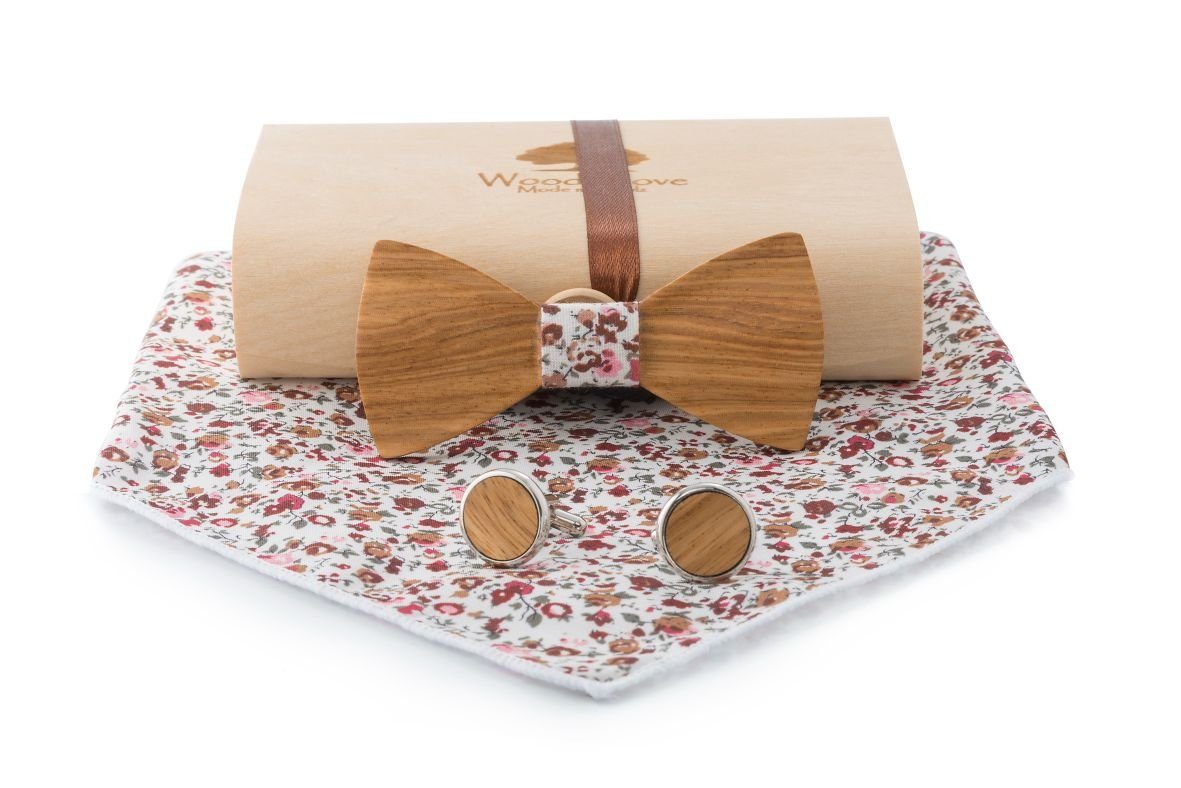 Woodenlove Kinderfliege Holz Mickey (Set, Kinderholzfliege, Manschettenknöpfe, Einstecktuch, Geschenkbox) elastisch Geblümt