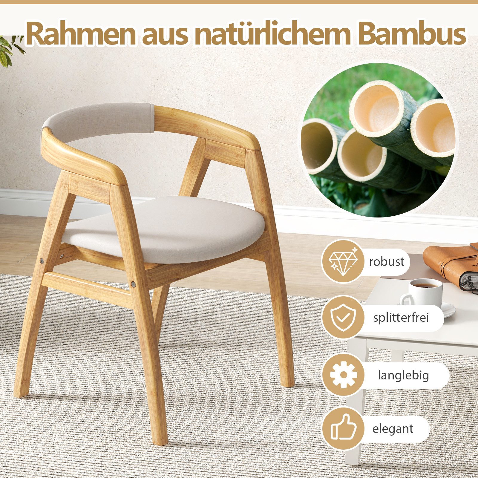 COSTWAY Esszimmerstuhl Küchenstuhl (1 St), mit Lehne, gepolstert, Bambus, 150kg – Bild 4 von 5