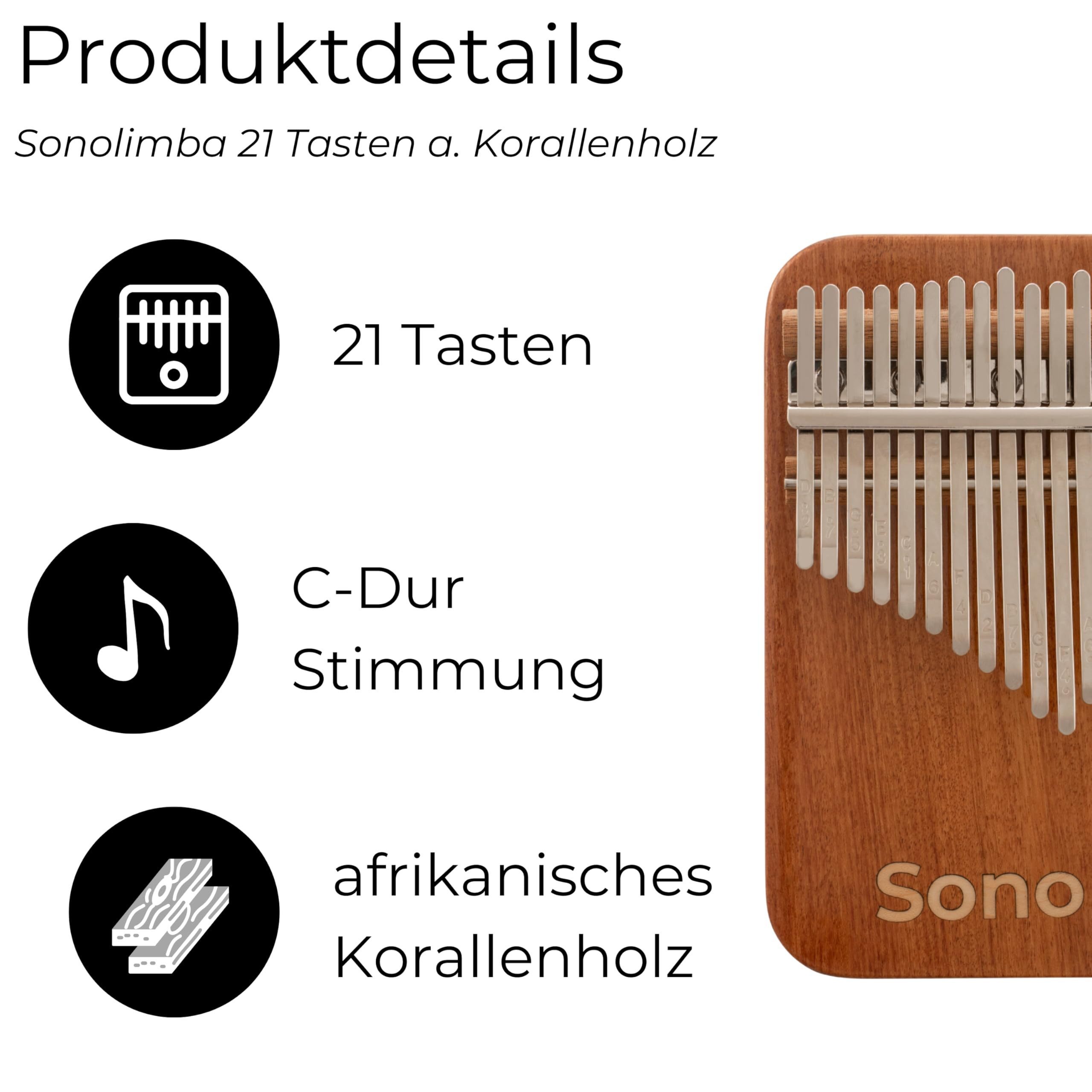 Sonodrum Kalimba mit 17 Schlüsseln in C - Dur aus Korallenholz,Daumenklavier inkl. Set mit Liederbuch, Schutztasche, Stimmhammer und weiteres -, Kalimba Instrument für Kinder und Erwachsene