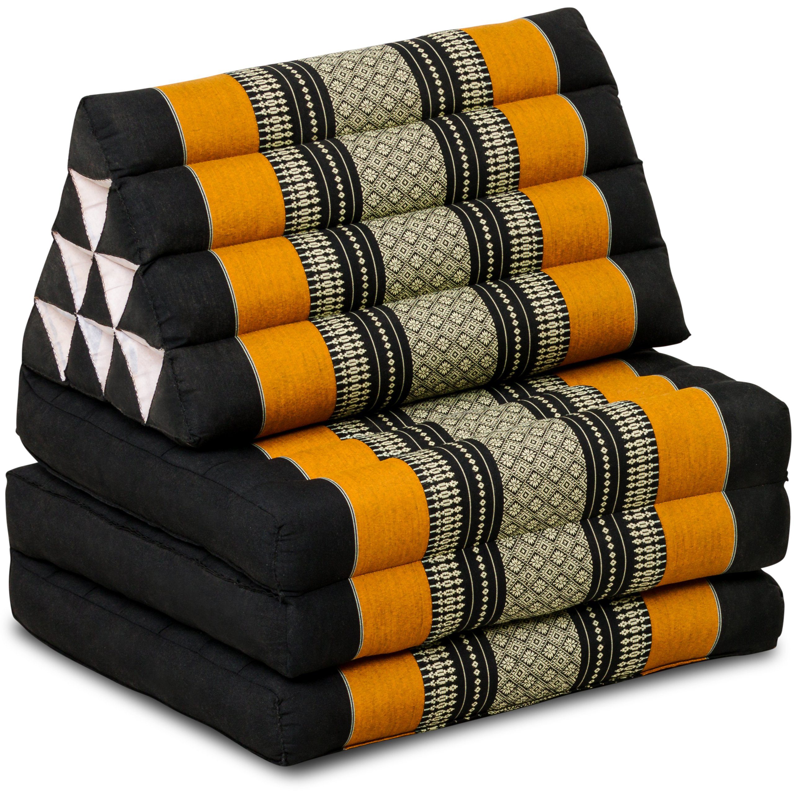 livasia Sitzsack Thaikissen 3 Auflagen (Classic) vegan und handgefertigt, 175x50x8cm, Kapok Schwarz/Orange